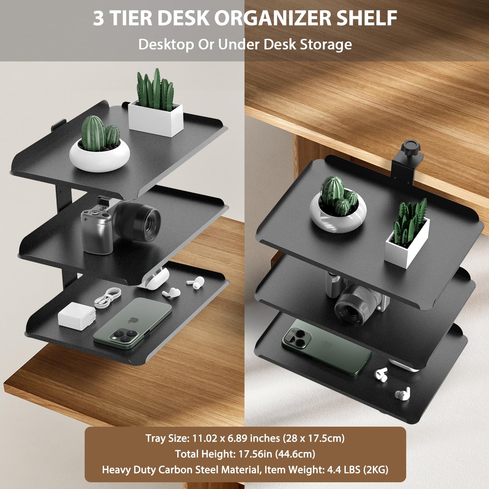 ROLIZOE 3 Tier Clamp On Desk Shelf, No 17.56 x 11.02 x 6.89 inches, Black