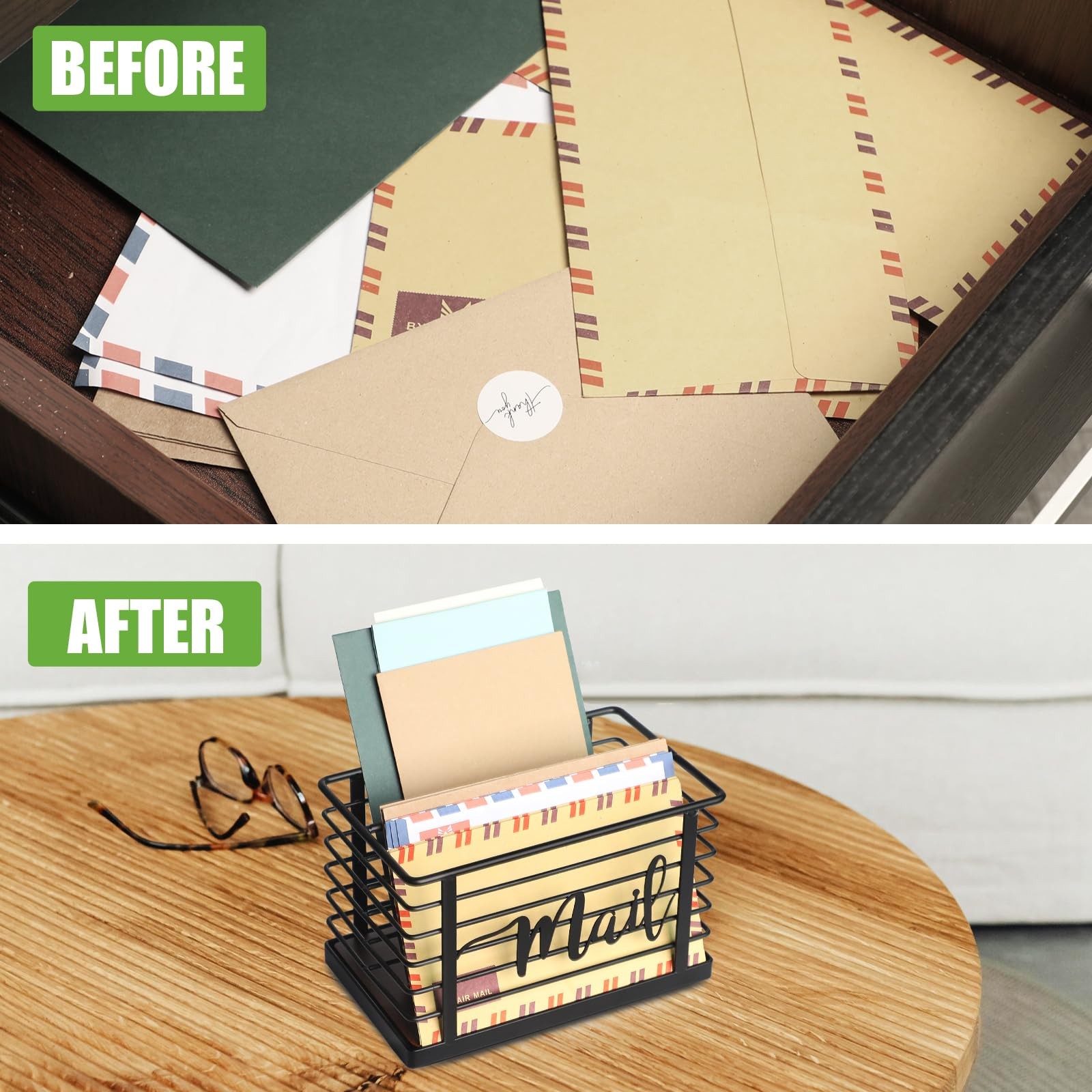 Mail Holder Acacia Wood Metal Mesh Letter Caddy 2Slot Desktop Organizer