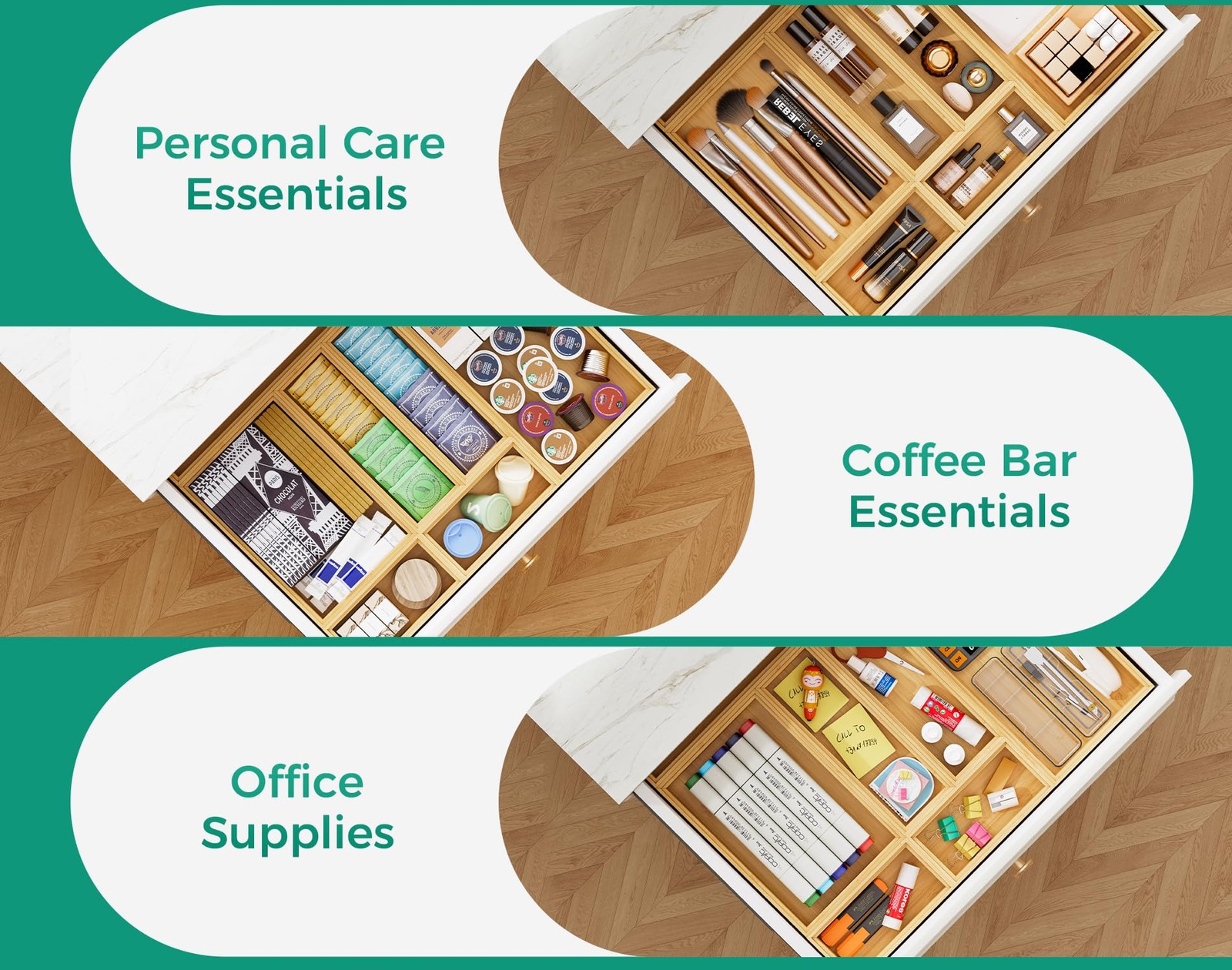 Bamboo Kitchen Drawer Organizer Set of 2, Stackable 15″ x 6″ x 2″,
