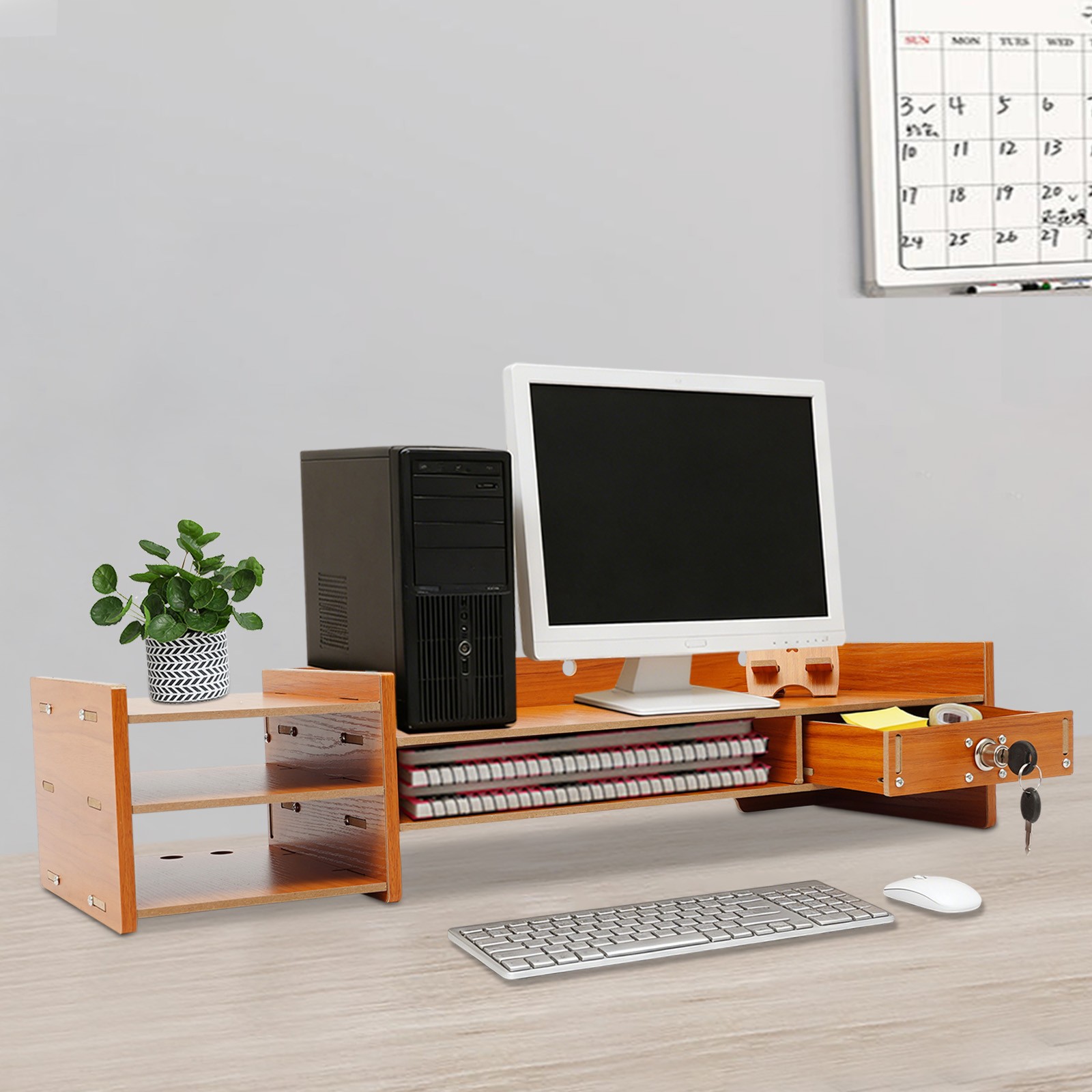 Multifunctional Monitor Stand Riser with Drawer, Storage Compartments, MDF