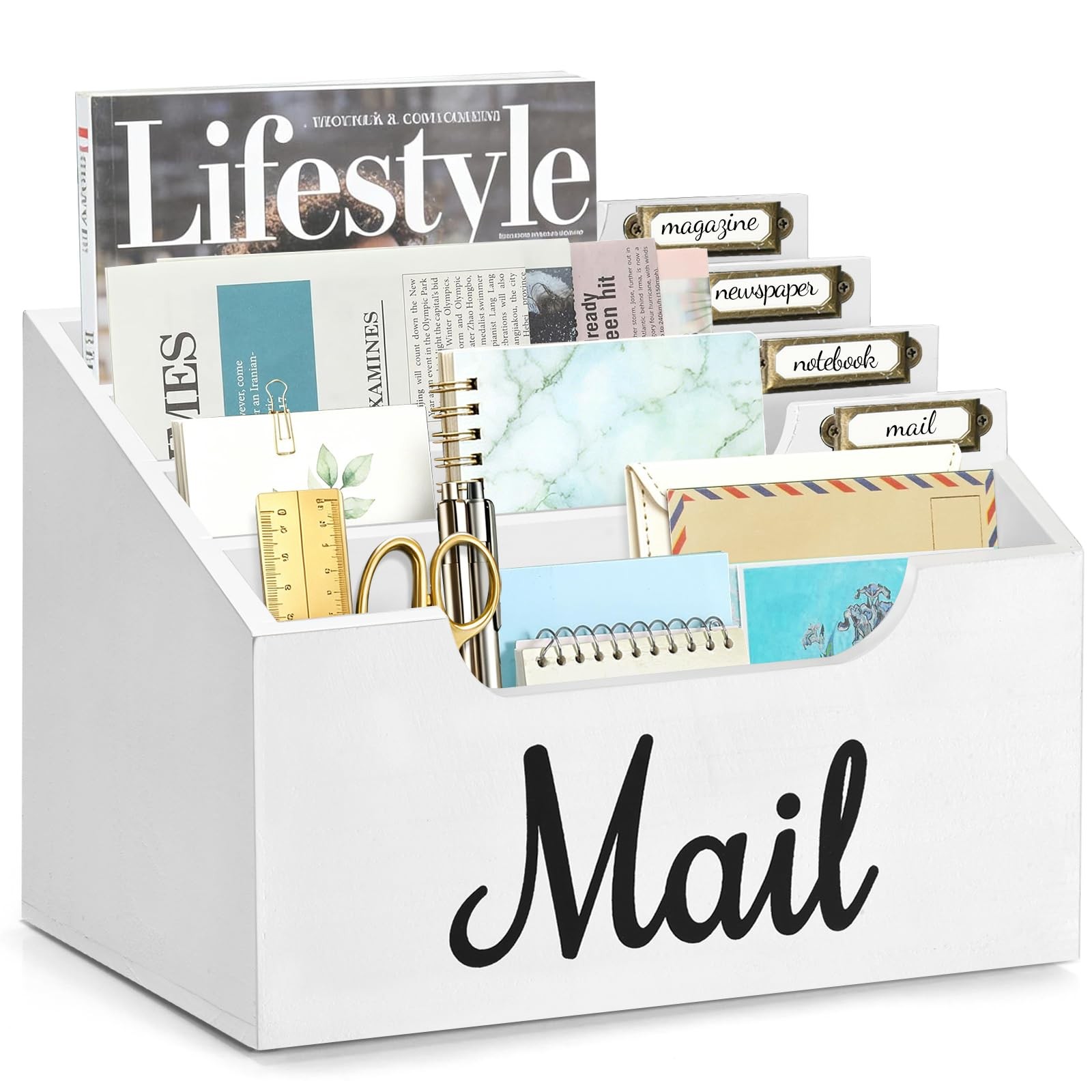 Rustic Wood Mail Organizer Countertop with 4 Slots, Black Mail Holder for Des…