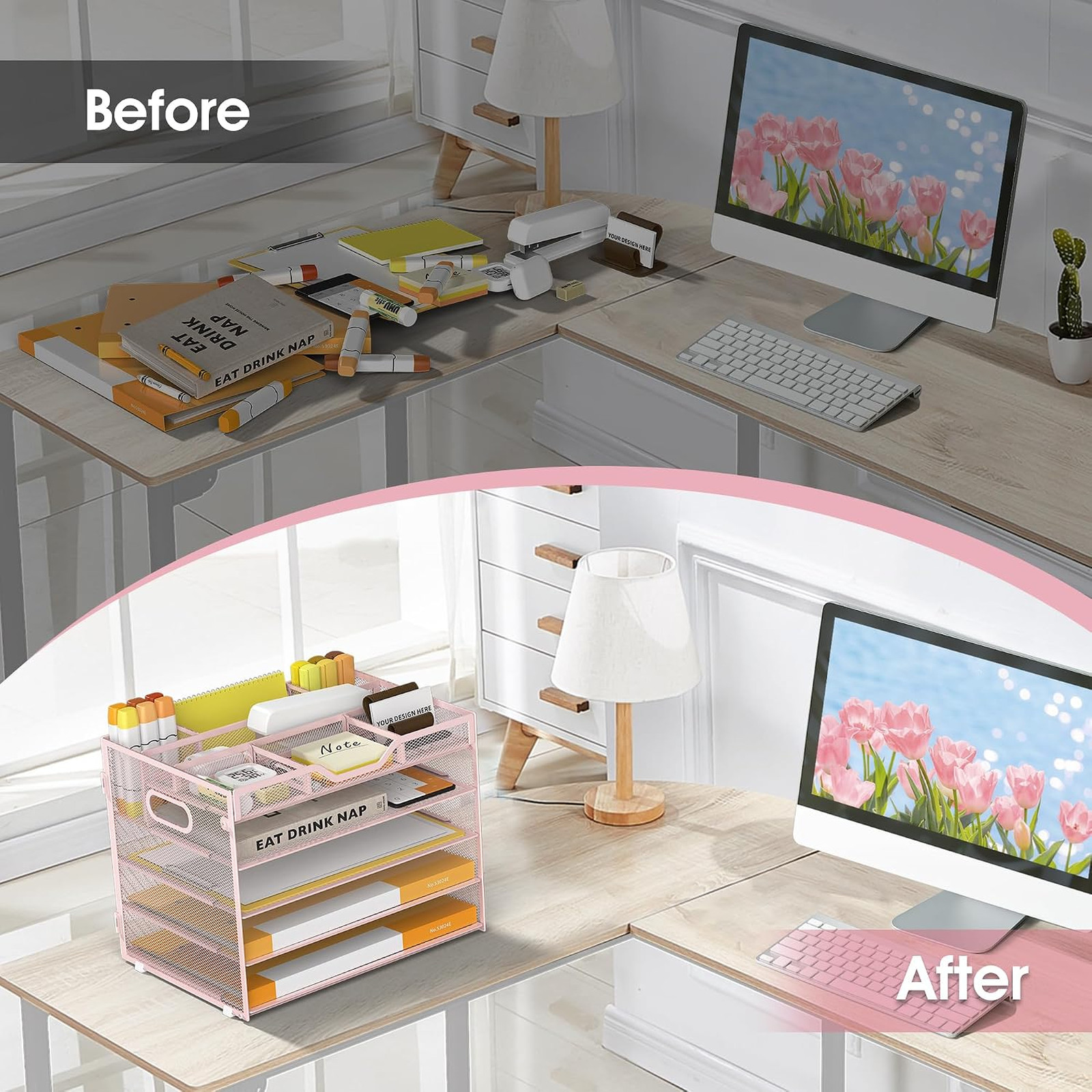 5 Tier Paper Letter Tray with Pen Holders Mesh Desk Organizer for Office School