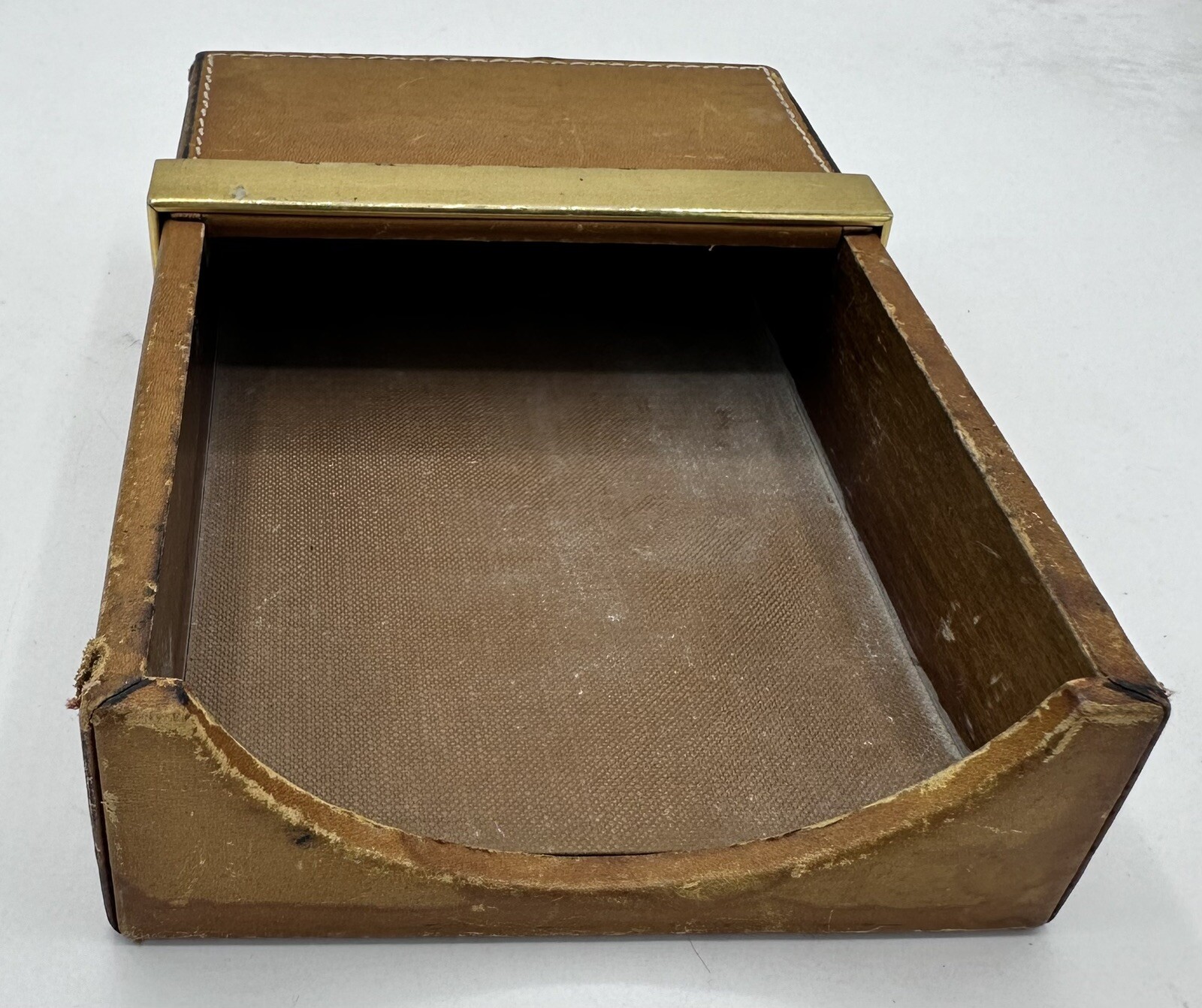 Vintage Mark Cross 4” x 6” Memo Sheet Desk Tray Box Leather & Brass Made Italy