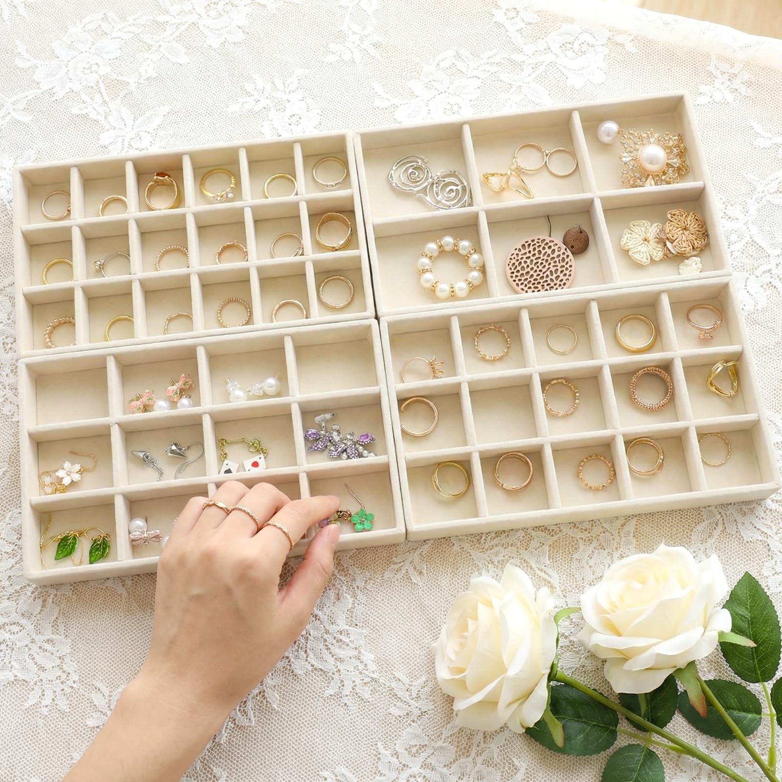 12 Pcs Velvet Jewelry Organizer Trays Set, 4 Styles Stackable Drawer Beige