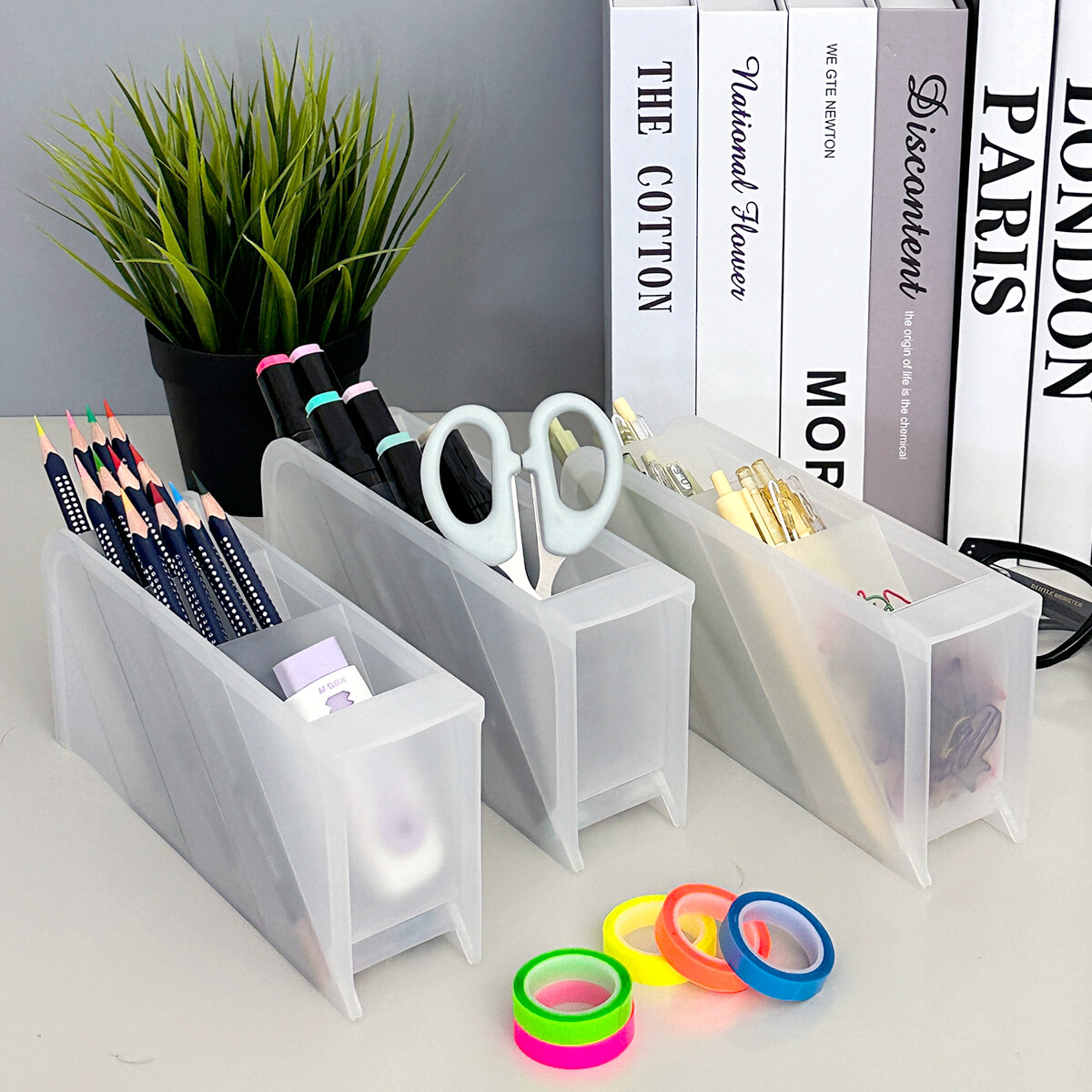 Wrapables 4 Compartments Desk Storage Pen Organizer, Small (3pcs) / Clear