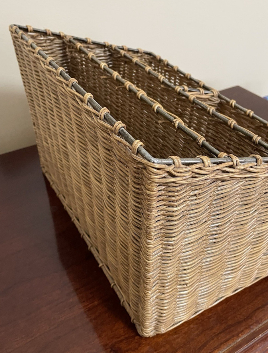 VTG Table Top Desk Mail Organizer Wicker Woven Wood, Metal Reinforced
