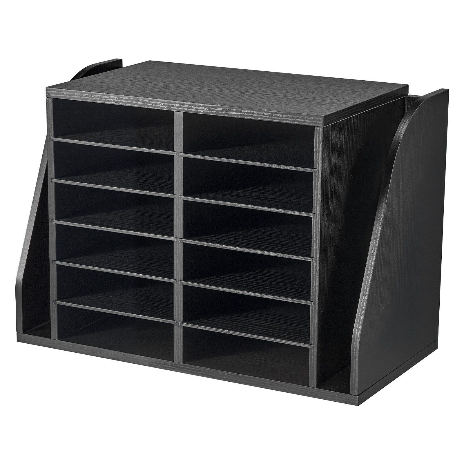 Desktop Literature Organizer – 12 Slot Wooden Sorter, Side Storage, Black Finish