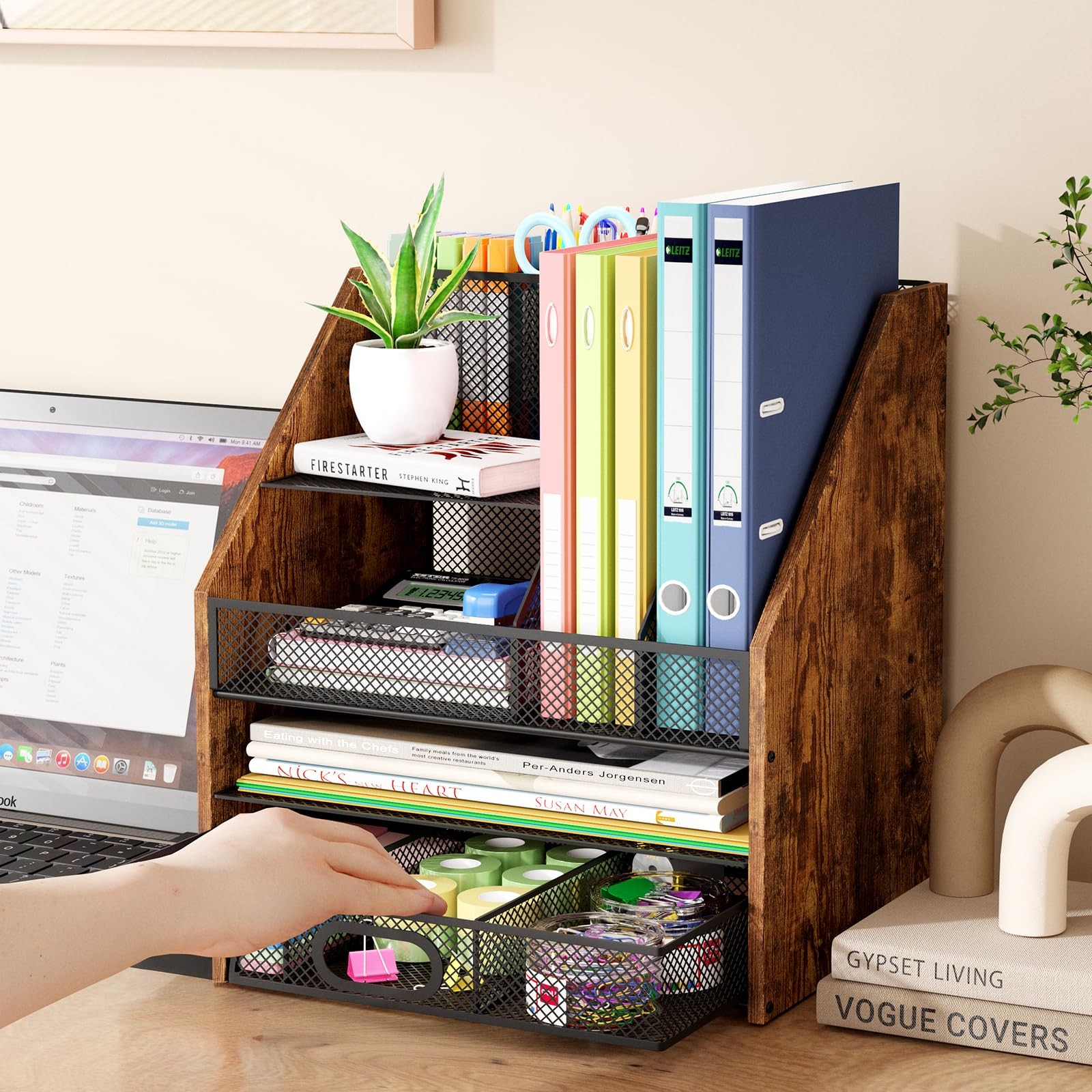 Homsorout Wooden Desk Organizer – Mesh File with Black and Brown