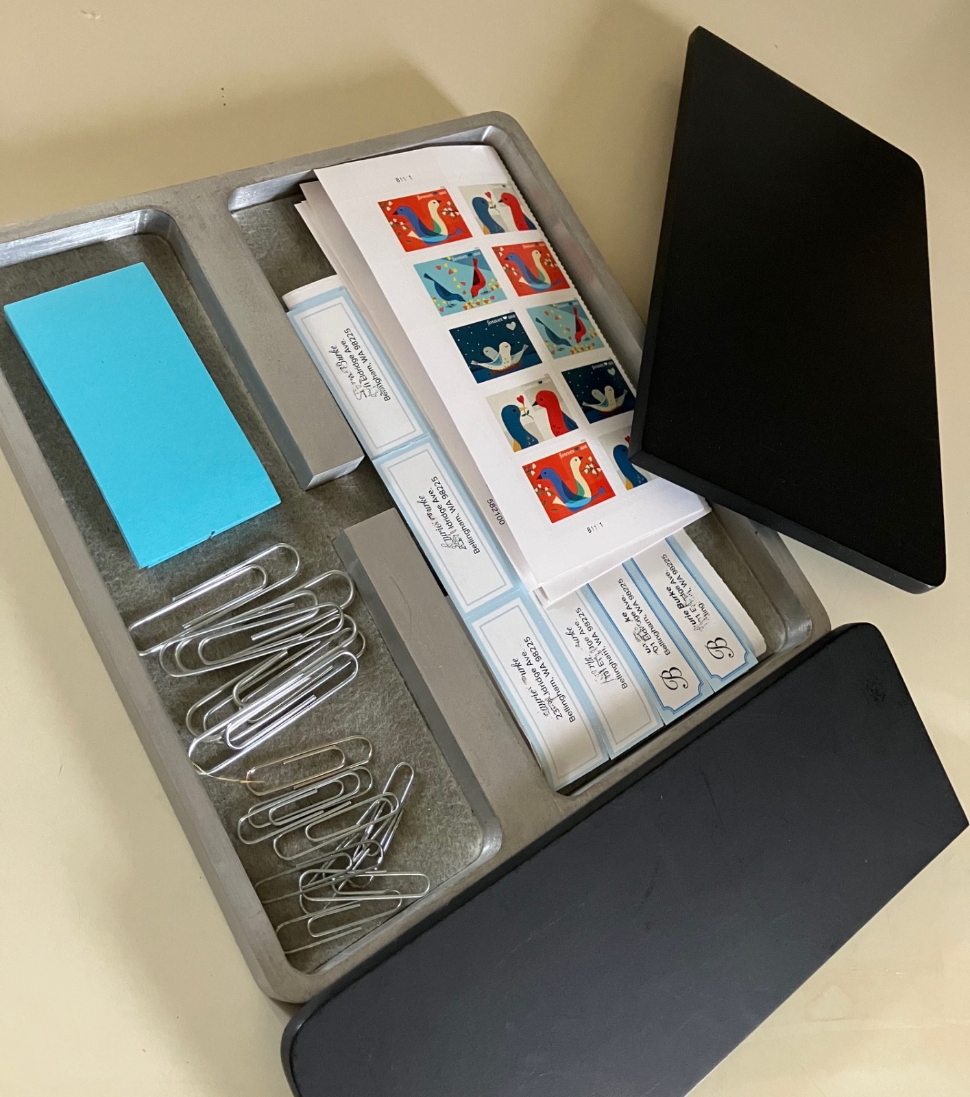 VINT MID CENTURY MODERN DESK ORGANIZER ALUMINUM & BLACK MELAMINE OLIVETTI STYLE