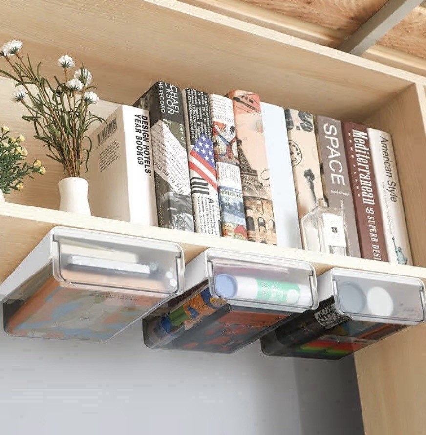 Under Desk Drawer, Self-Adhesive Slide Out Storage Organizer, White, Large