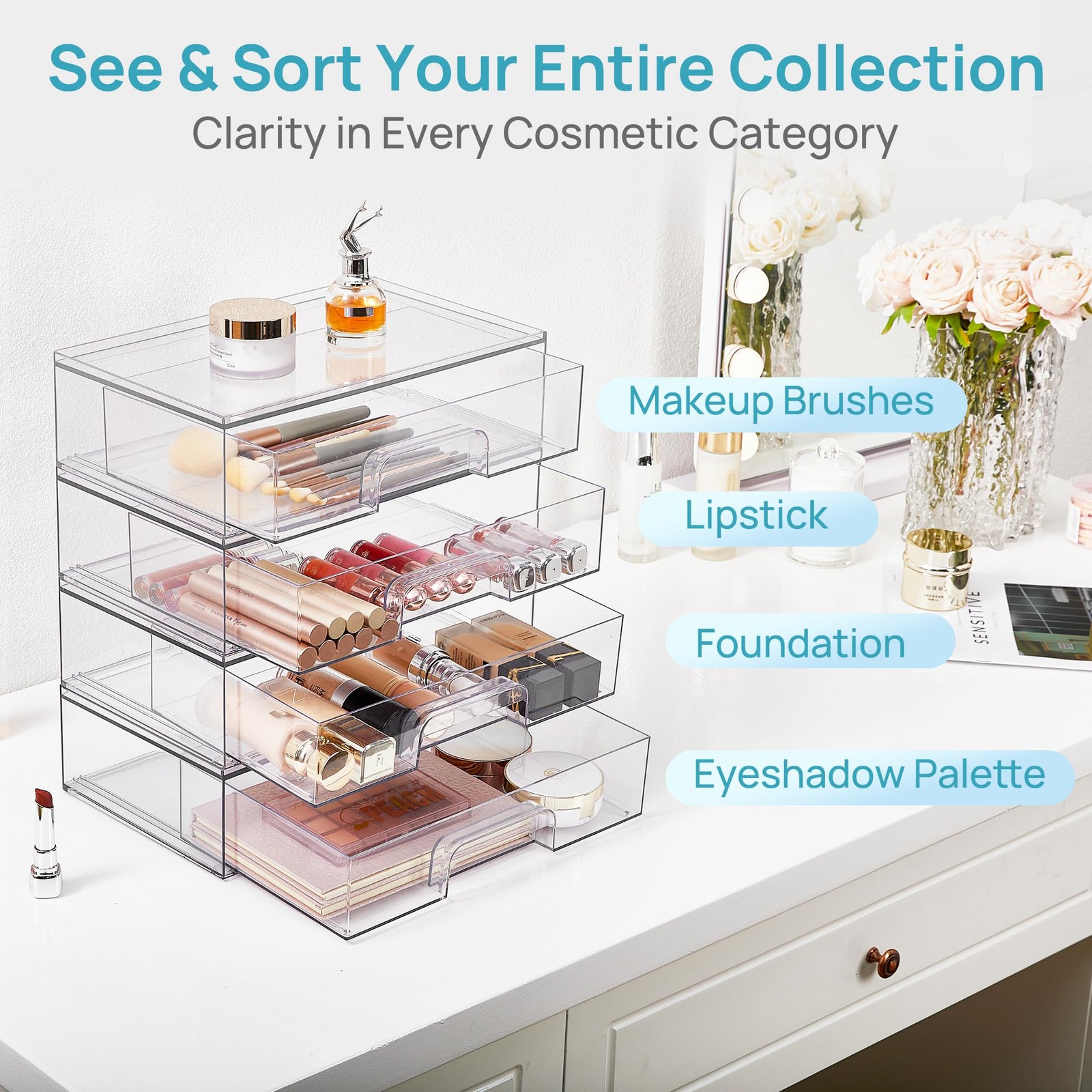 Vtopmart 12.1”W Clear Stackable Storage 7.5″D x 12.1″W x 3.5″H, clear