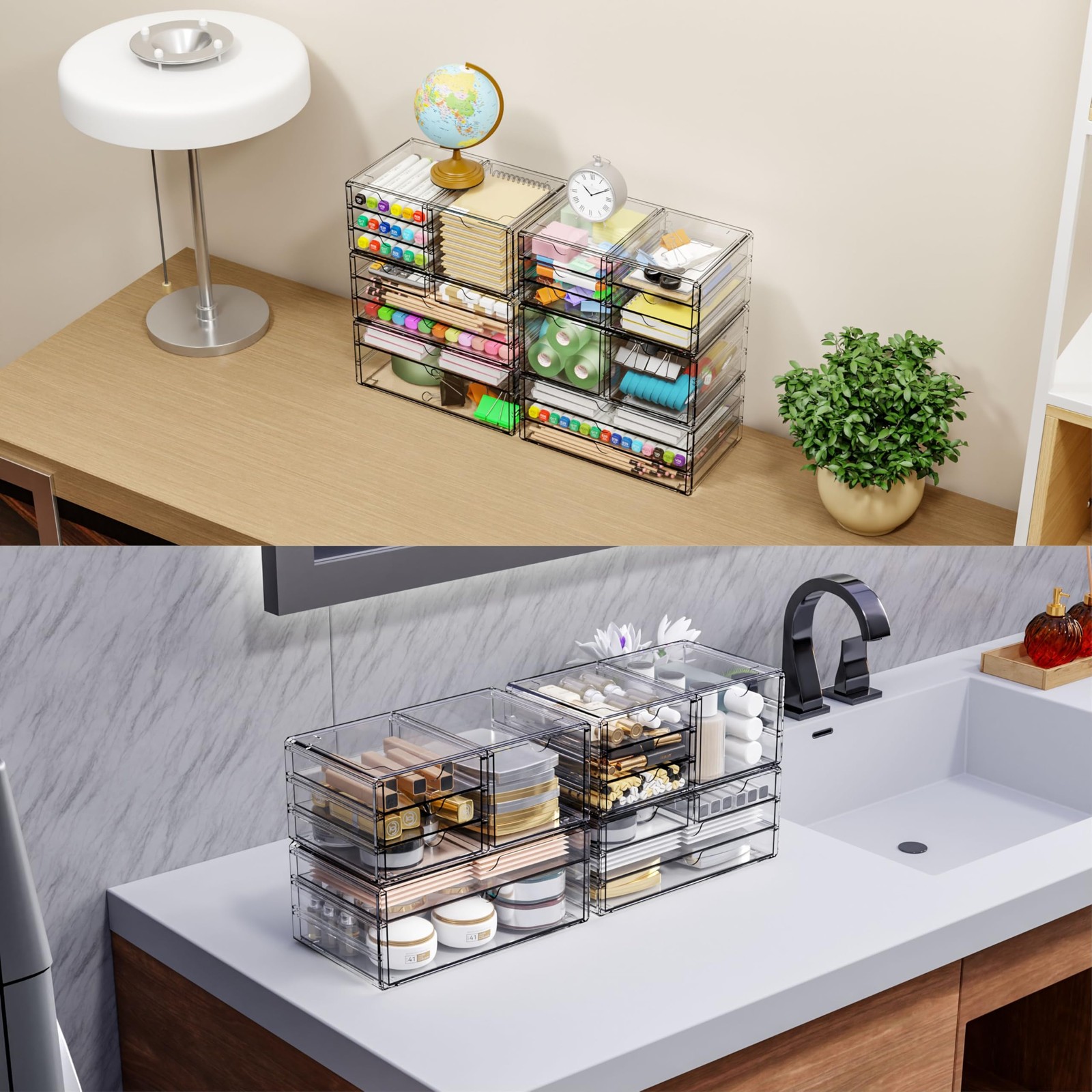 Yieach 2 Pack Acrylic Drawer Organizer With 6 large 6 Drawers, Clear