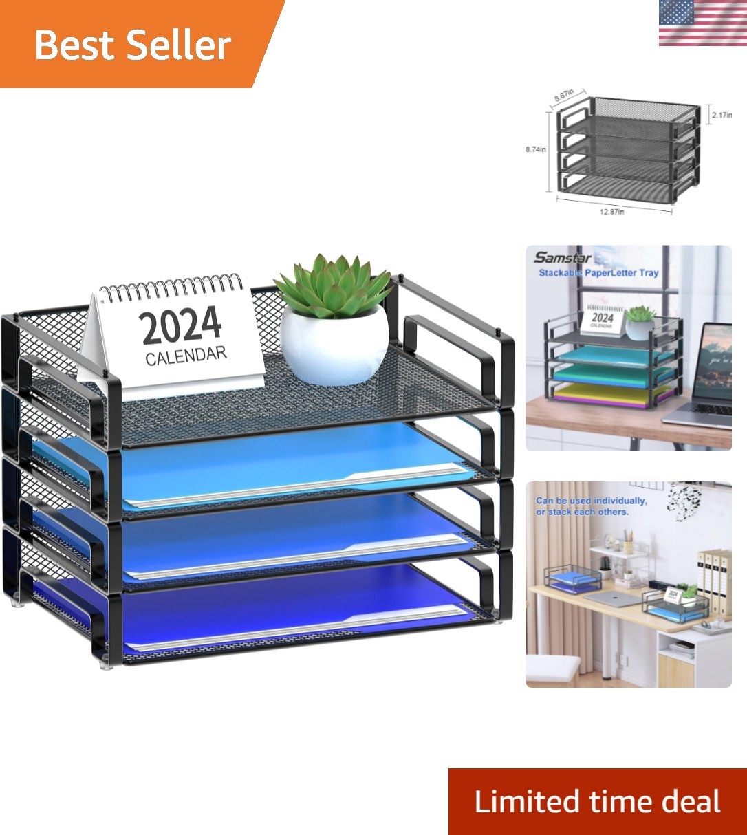 4 Pack Stackable Letter Paper Tray, Desk File Organizer Paper Sorter for Lett…