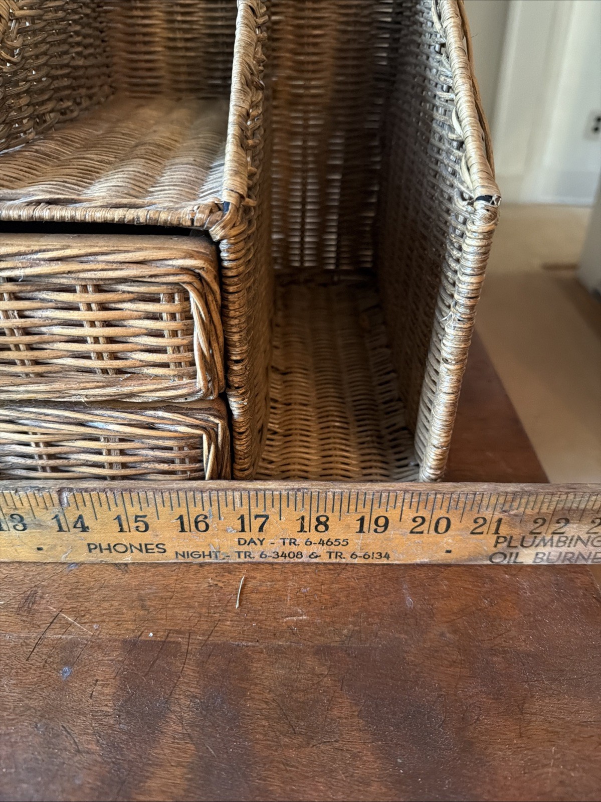 Vintage Wicker Rattan Tabletop Desk Mail Letter Stationery Organizer Drawers