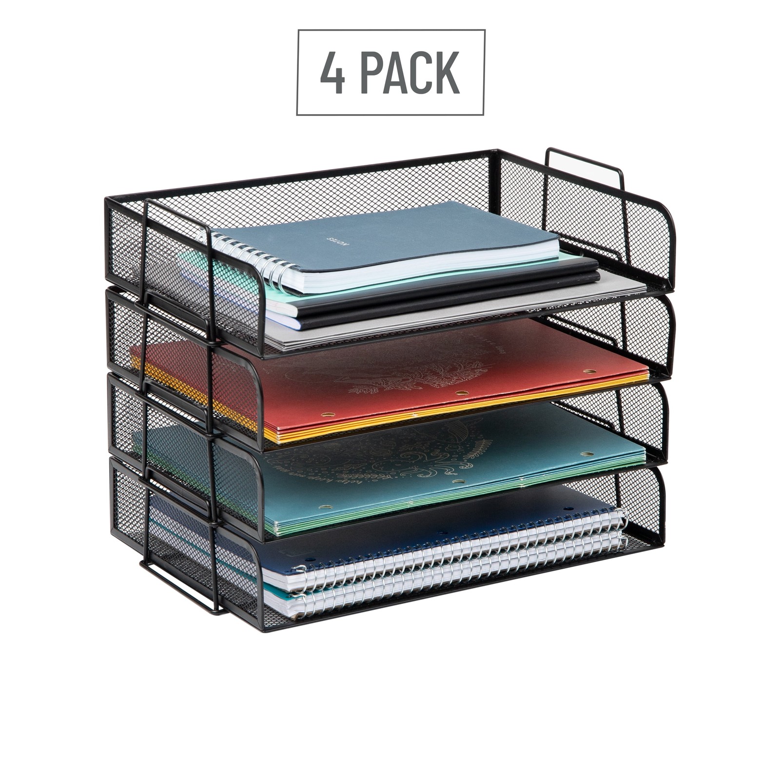 Mind Reader Stackable Paper Tray, Black, Metal Mesh, 4pc, Desktop Organizer