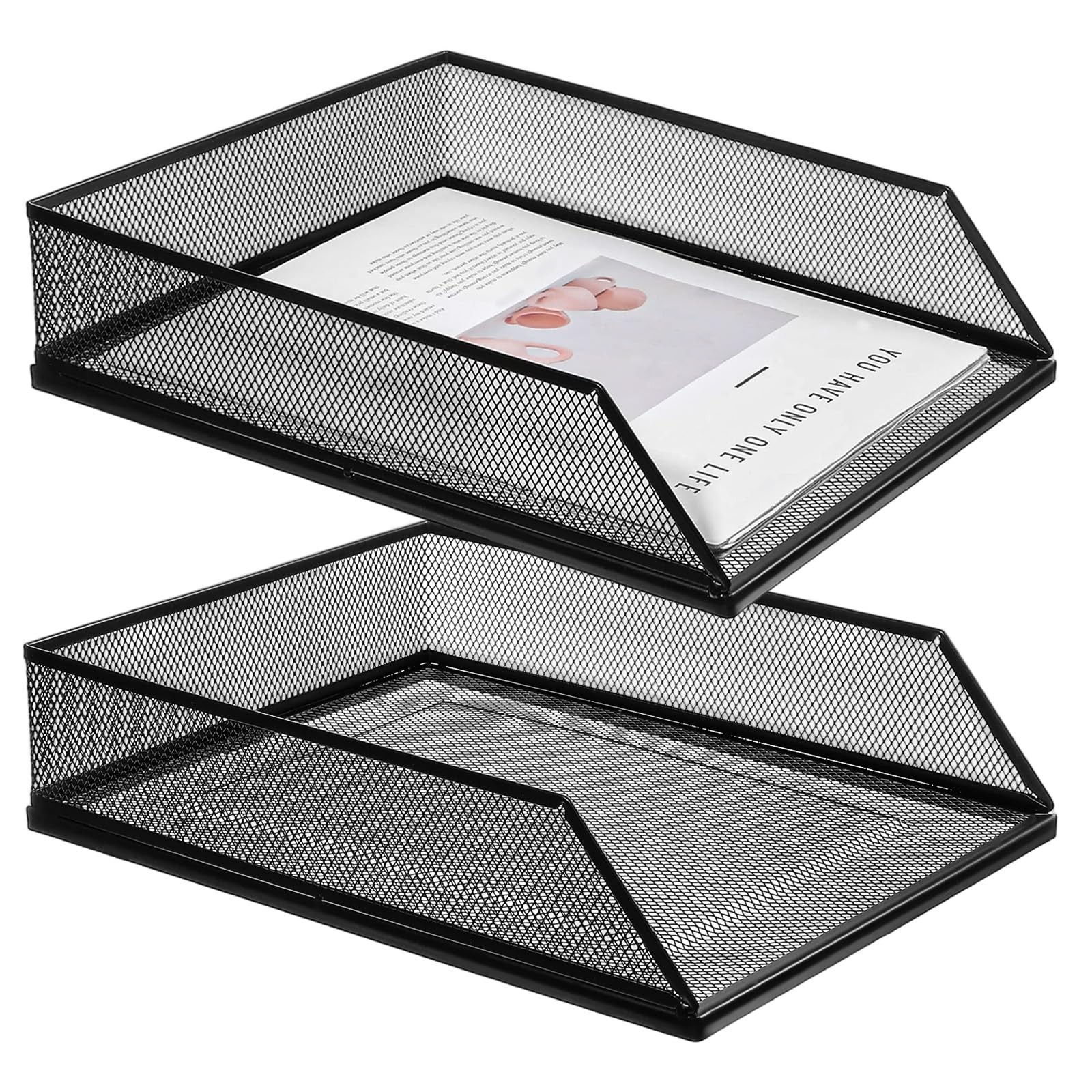 2 Pack 12.8×9.84 Inch Black Metal Mesh Letter Tray Stackable File Organizer