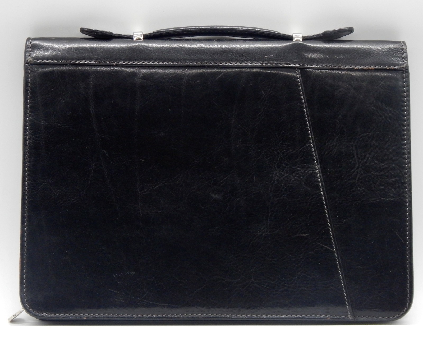 Vintage Italian Black Leather Portfolio Zippered Organizer Made Florence Italy