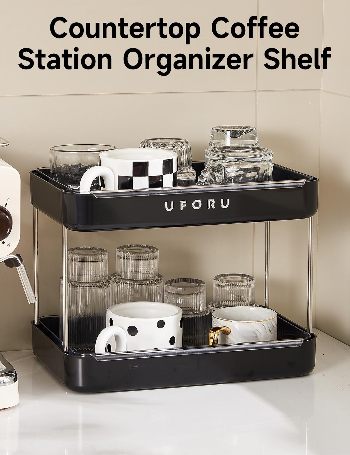 UFORU Countertop Coffee Station Organizer, 2 Tier Wine Glass 2 Tier, Black