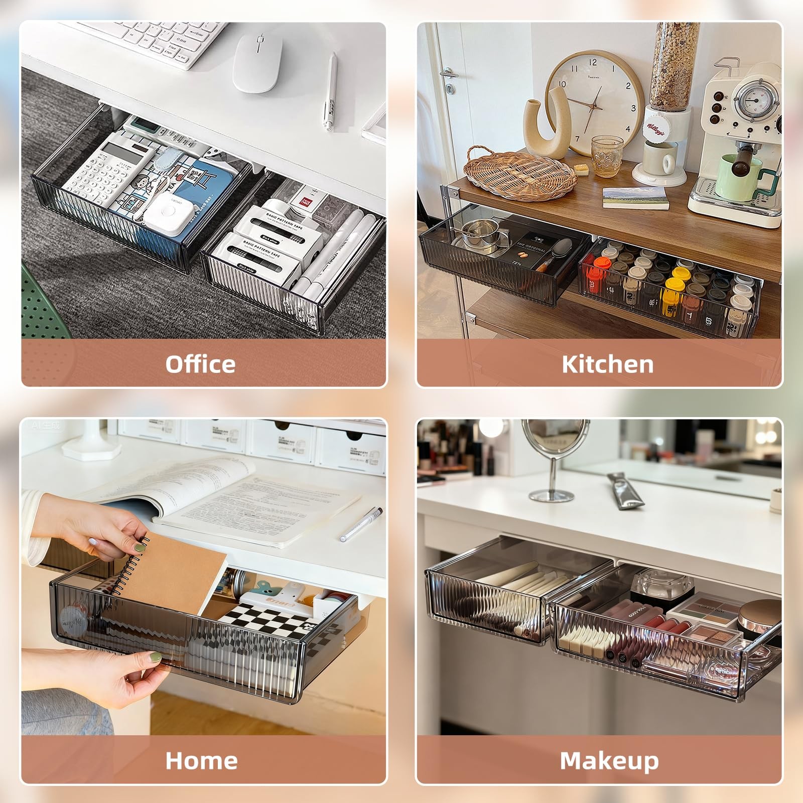 Transparent Black Under Desk Storage Drawers Slide Out Large Medium 2 PCS
