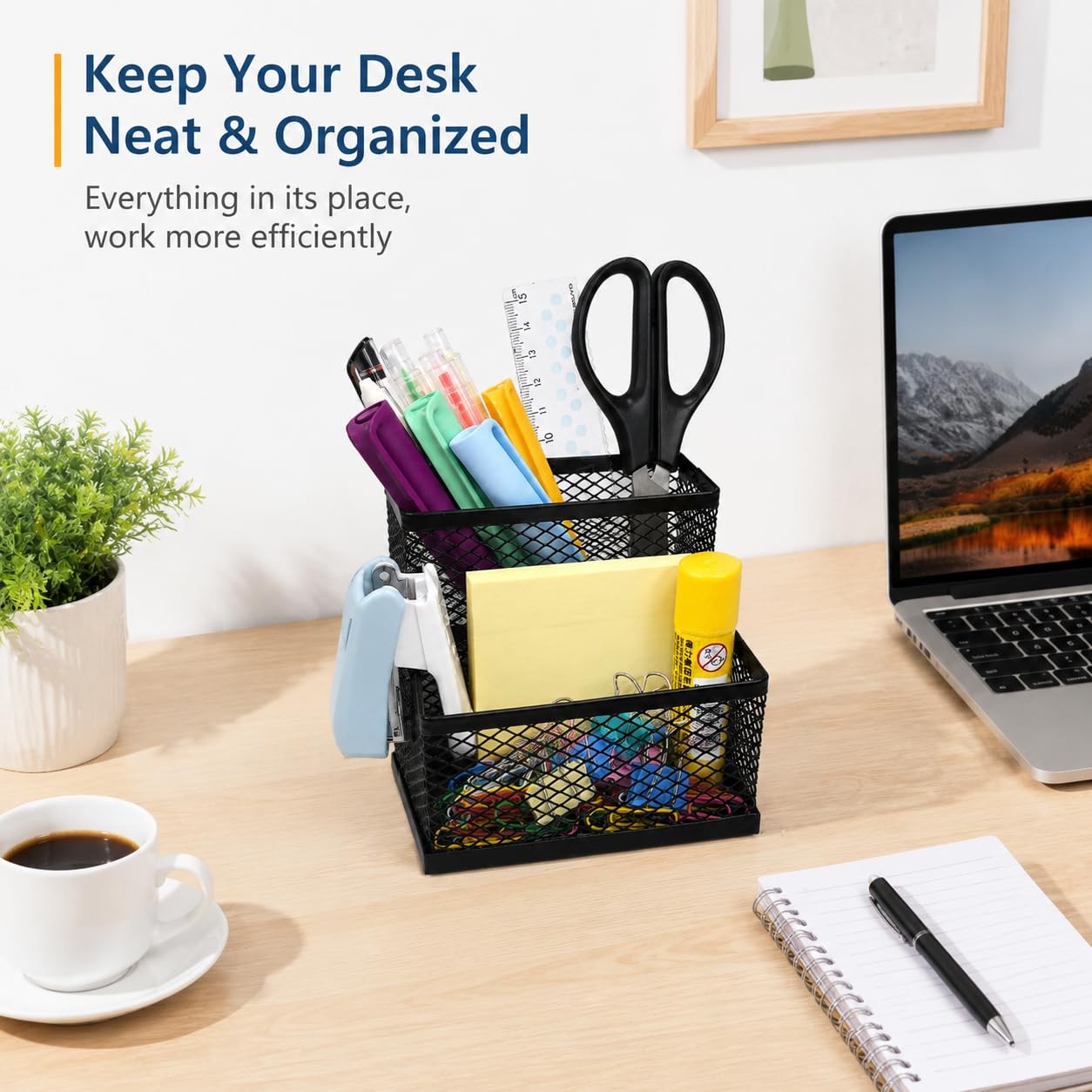 SHFKS Pen Holder for Desk Organizer,2Compartments Office Supply Black