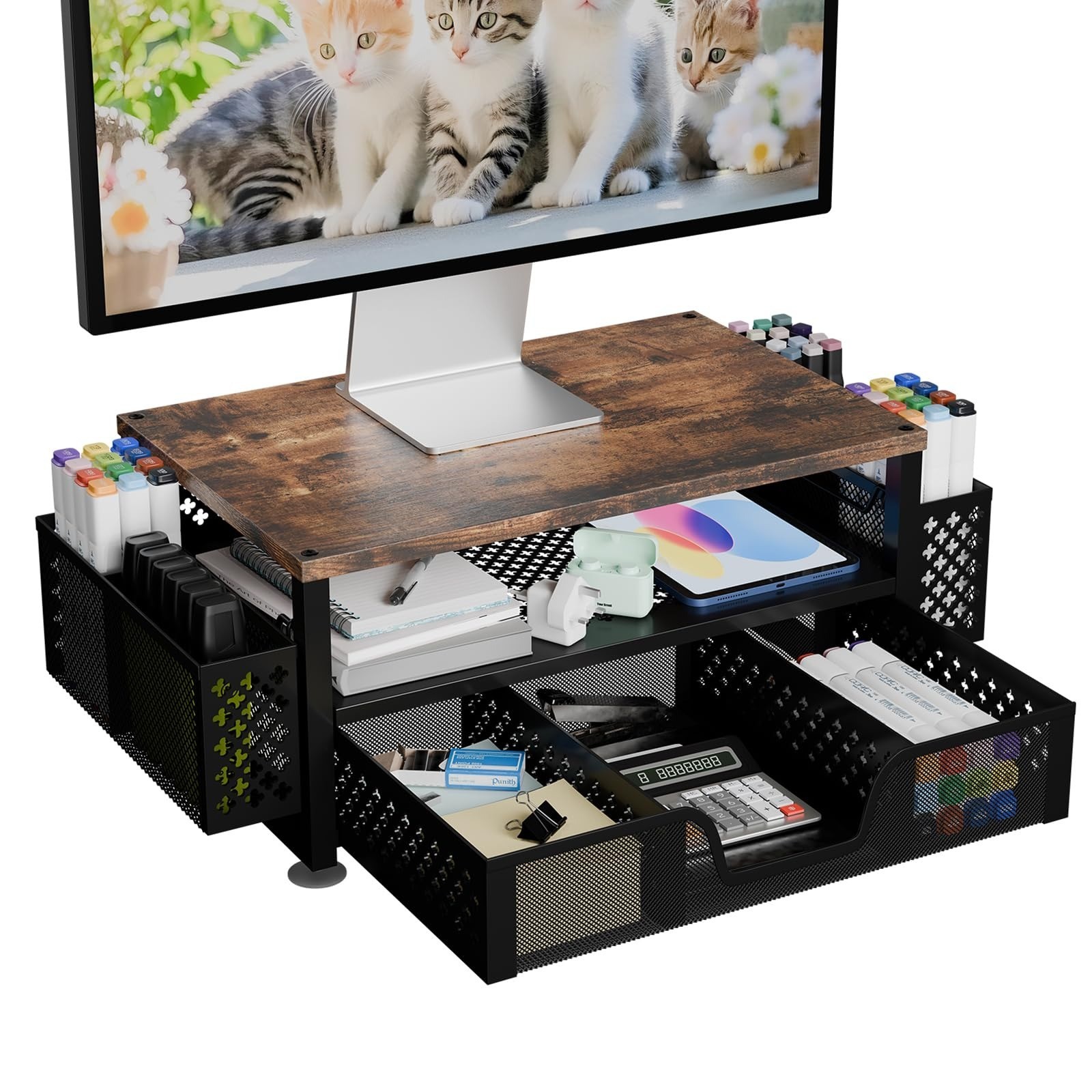Simple Trending Desk Organizer with Drawer, 2 Tier Metal Monitor Stand
