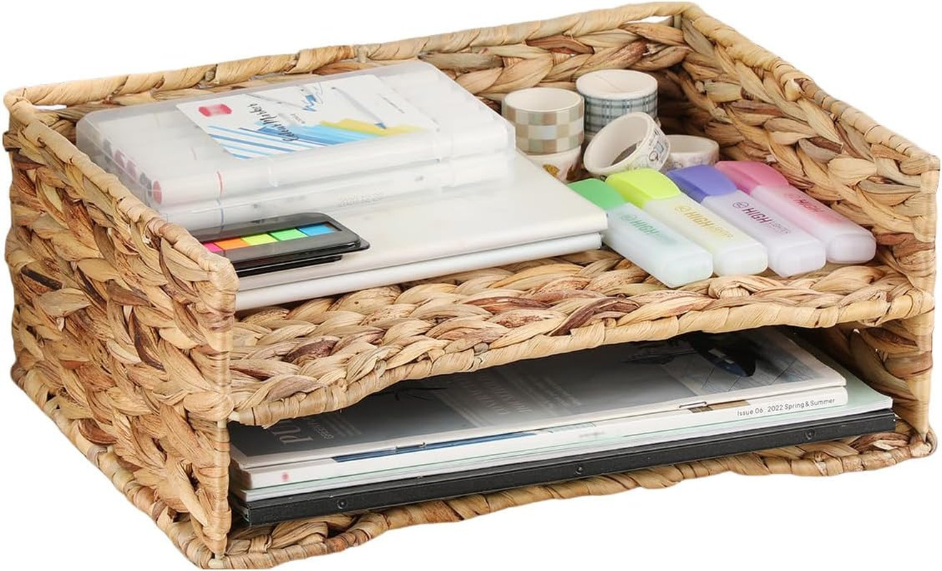 2 Tier Water Hyacinth Letter File Storage Basket, Woven Paper Organizer A4 File