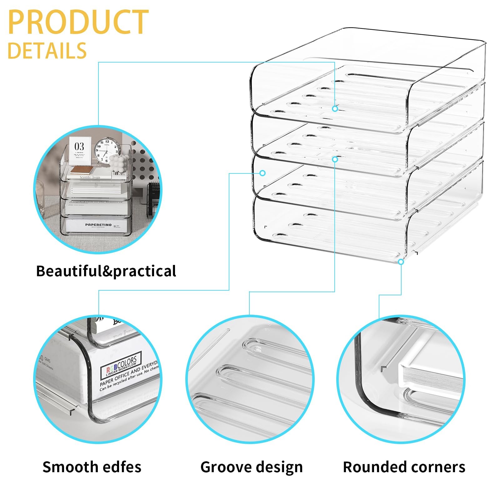 4-Tier Acrylic Paper Tray Organizer | Clear Stackable Desk Organizer for Docu…