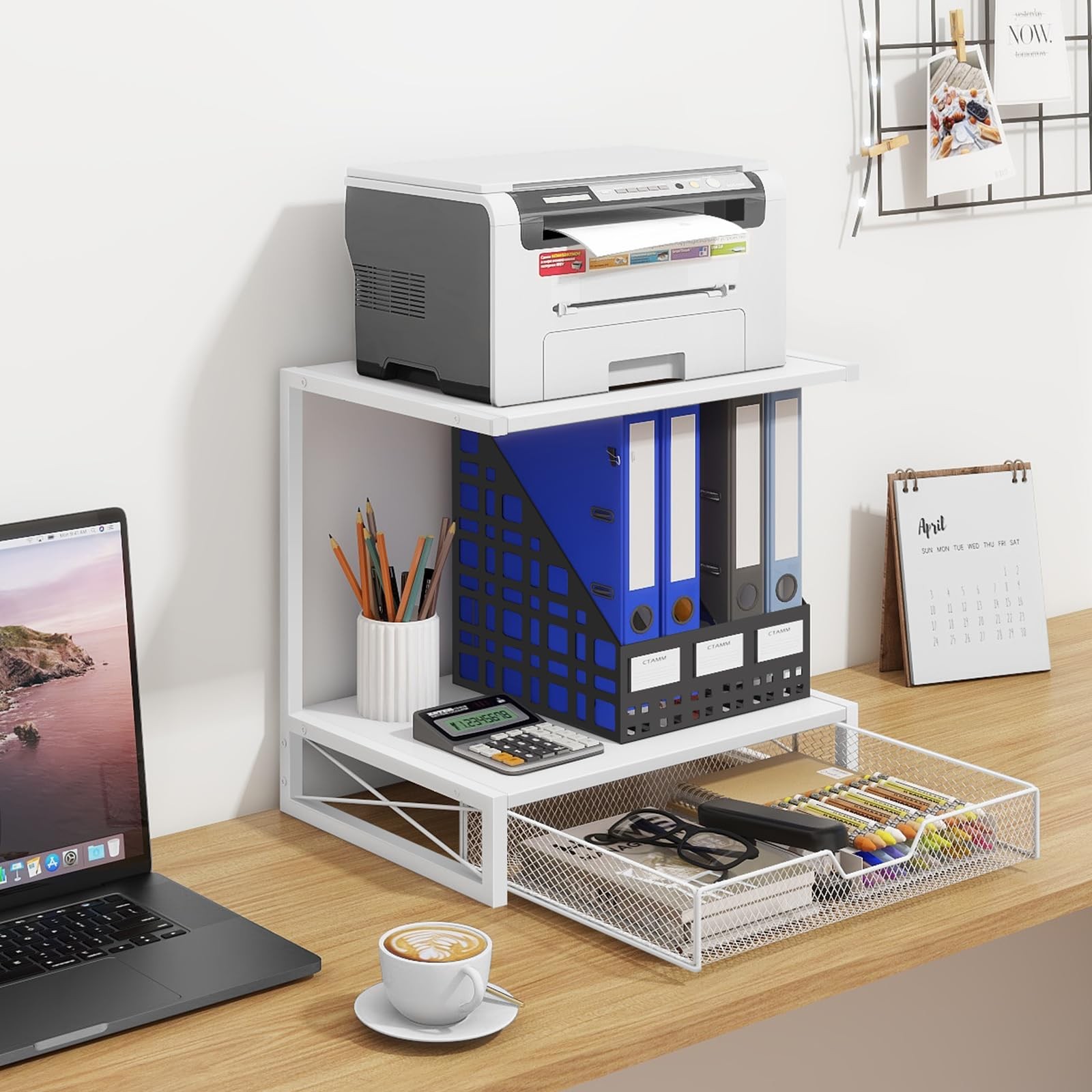 ELITEROO Printer Stand for Desk with Storage Drawer, 2 Tier White Drawer