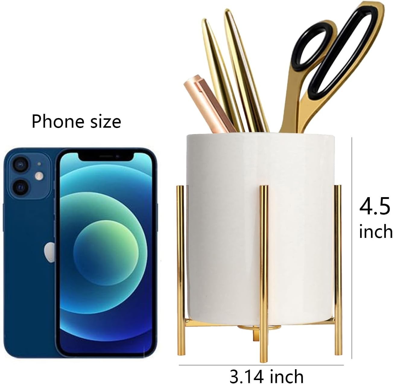 Gold pencil cup Sturdy metal frame with white ceramic pen holder For desks an…