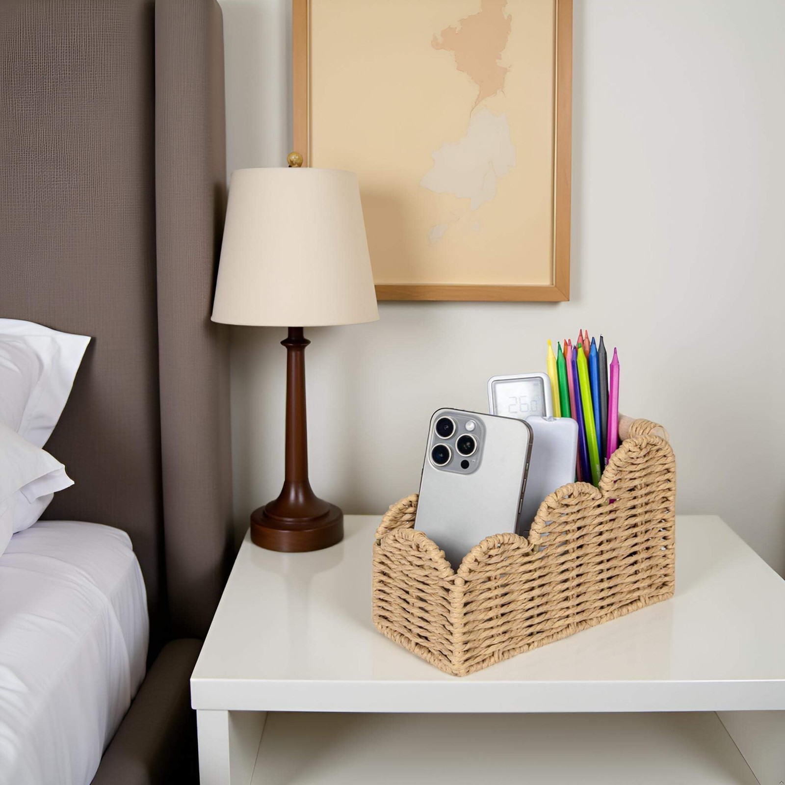 Bedside Table Desk Organizer Caddy, Remote Pen&Pencil Holder Cup, Makeup Brus…
