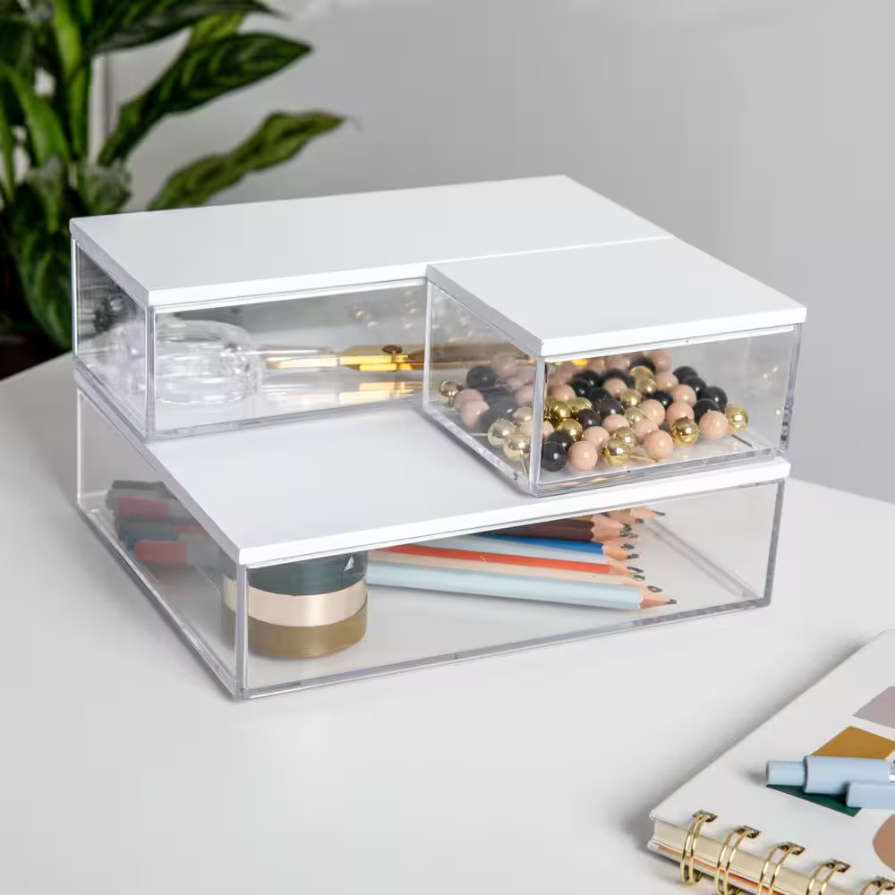 Clear/White Desk Organizer Set of 3 – 1 Small/1 Medium/1 Large