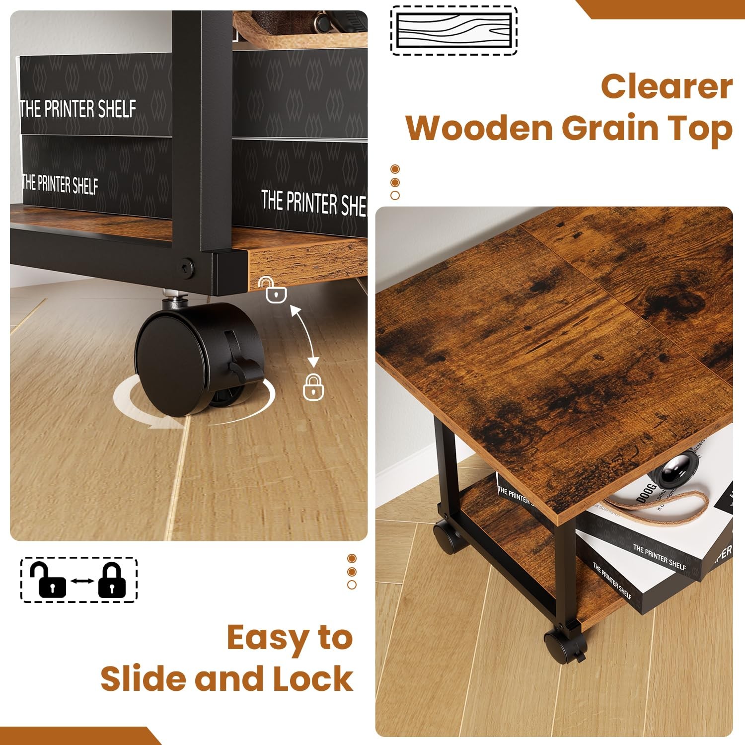 Asgolion Printer Table, 2-Tier Under Desk Standard (2-Tier), Rustic Brown