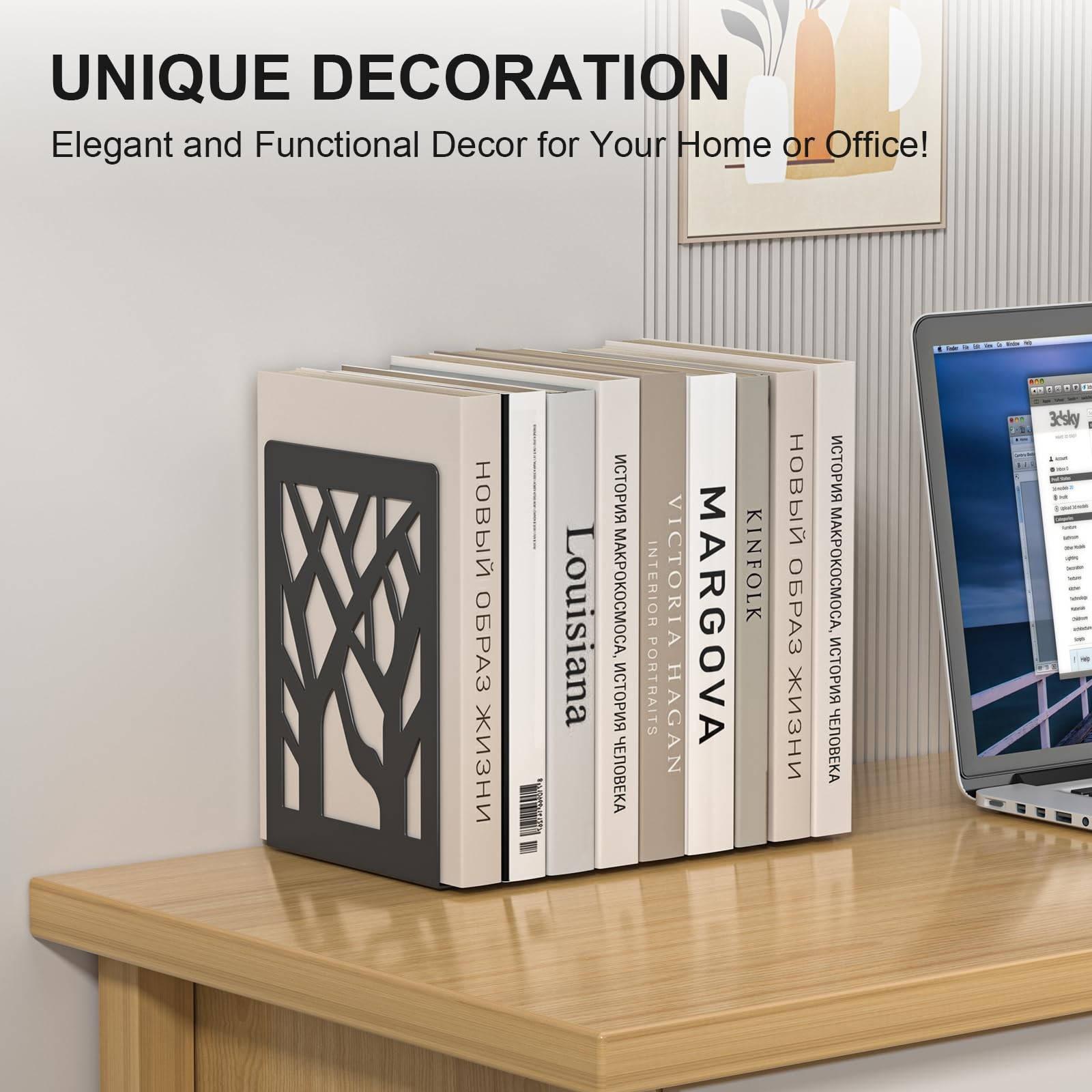 ALOTCHE Bookends 4 Pieces, Tree Design Modern Metal Black 4 Pieces