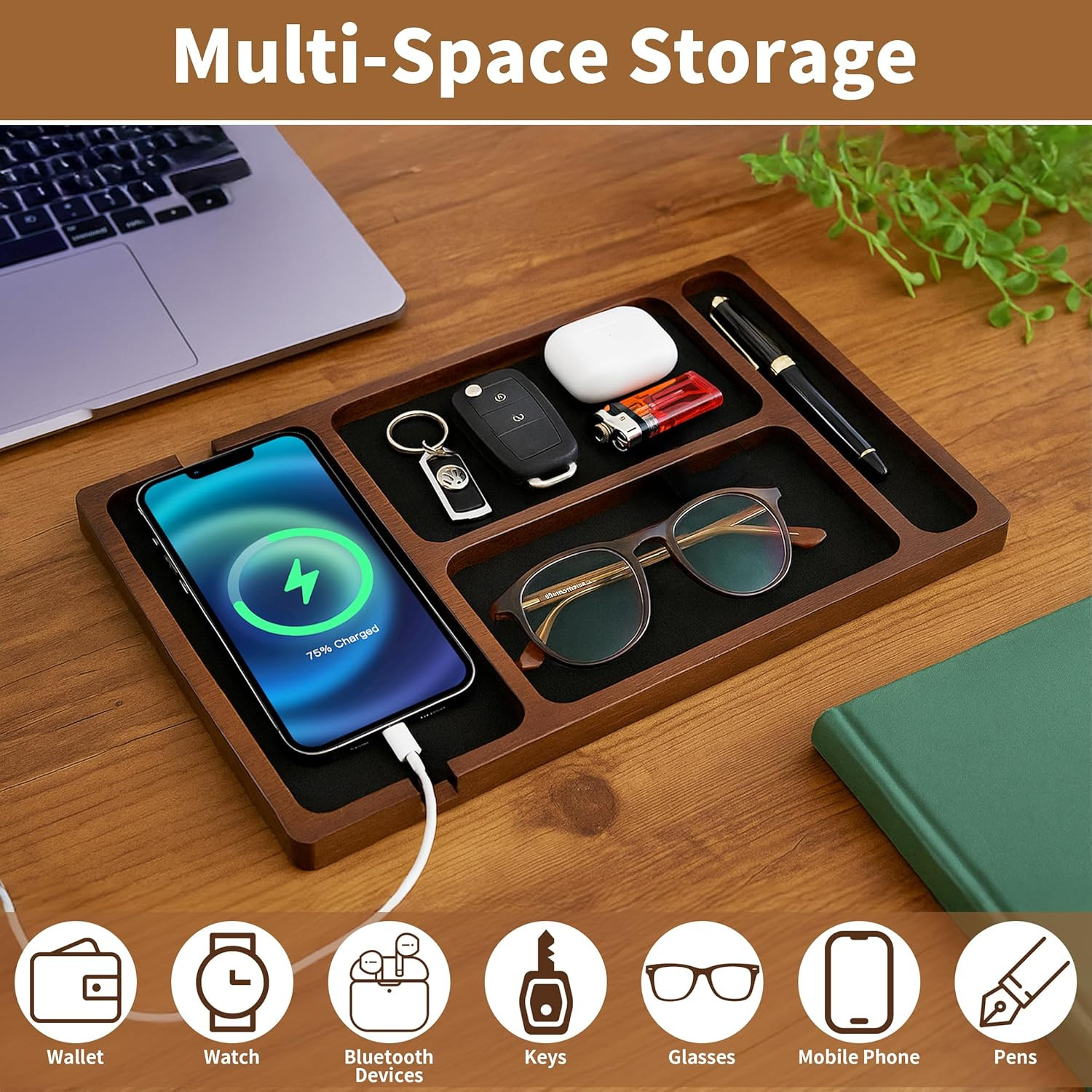 Valet Tray, Multi-Space Acacia Wood Leather Surface Desk Organizer Tray with Cha
