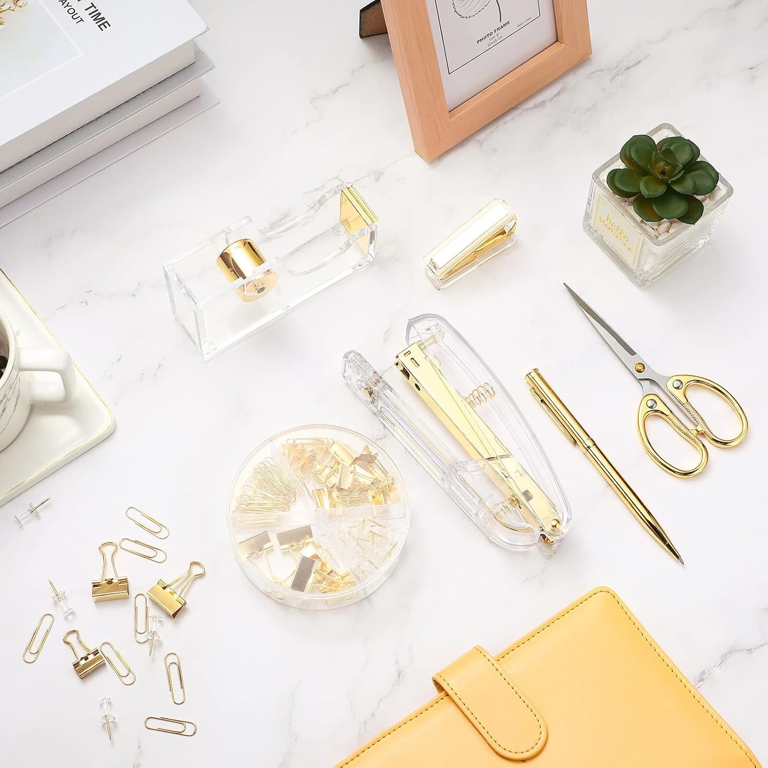 Deluxe Acrylic Office Supplies Set: Gold Stapler & More, 1000 Staples Included