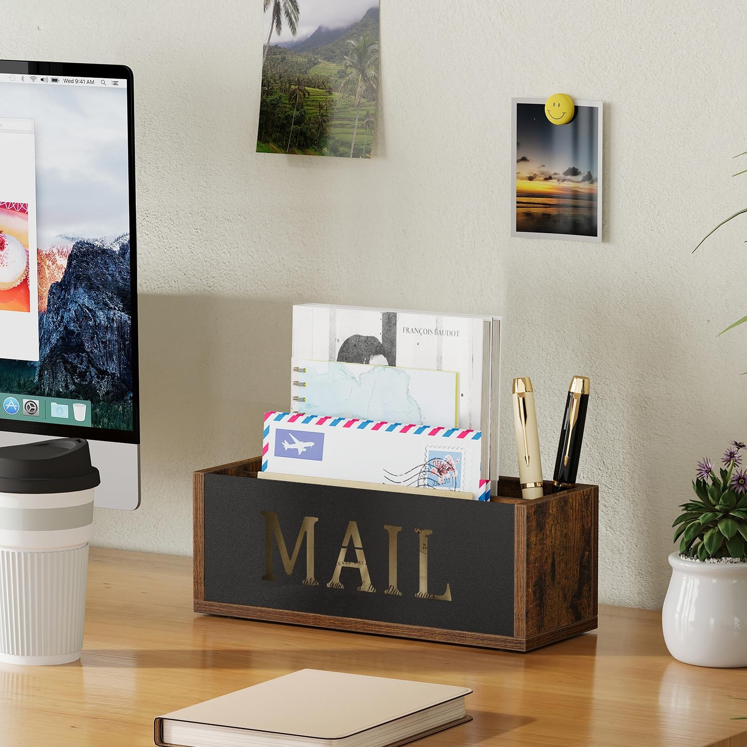 Desk Mail Organizer Wall Mount Holder 2 Slots Basket Countertop Envelope