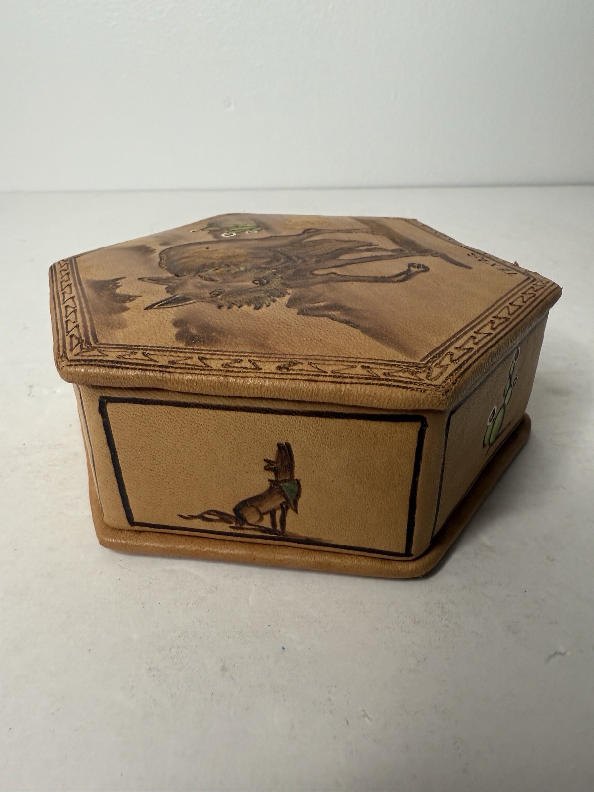 Vintage Faux Leather Hexagon Storage Jewelry Box Red Felt Texas Coyote Handmade