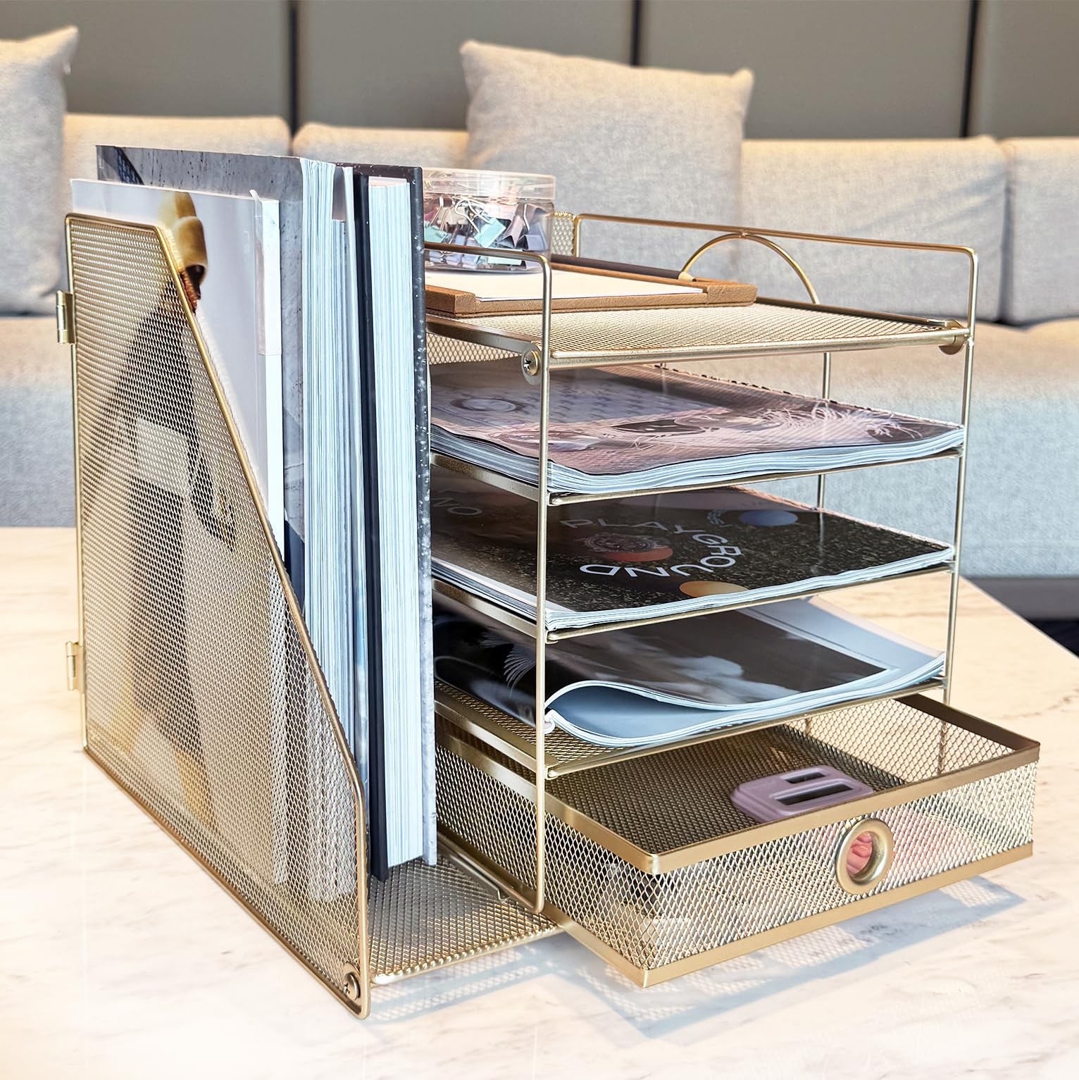 5-Tier Paper Letter Organizer with File Holder, 12″ x 11″ x 11.8″, Golden