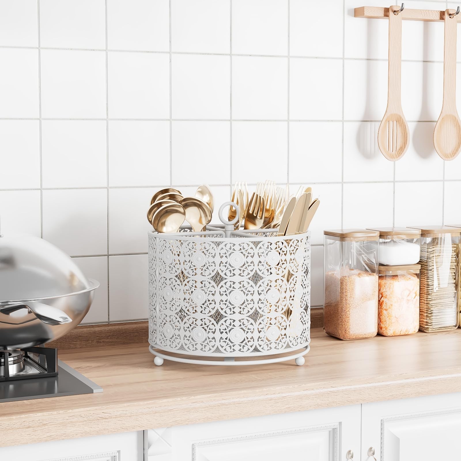YIUKEA Rotating Utensil Caddy Holder – Higher Raised Cutlery White