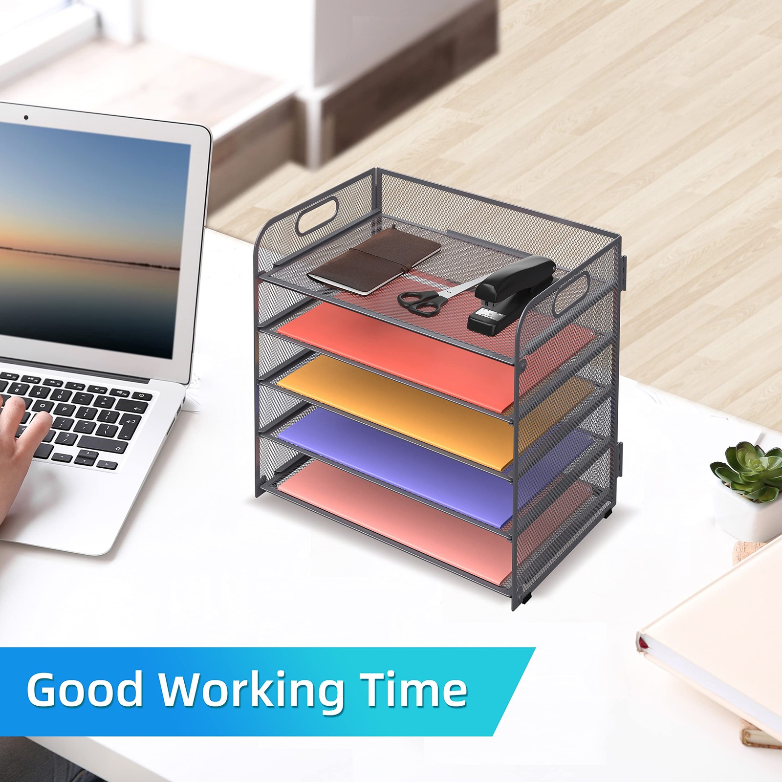 5Tray Mesh Desk Organizer with Handle, Grey Paper Sorter