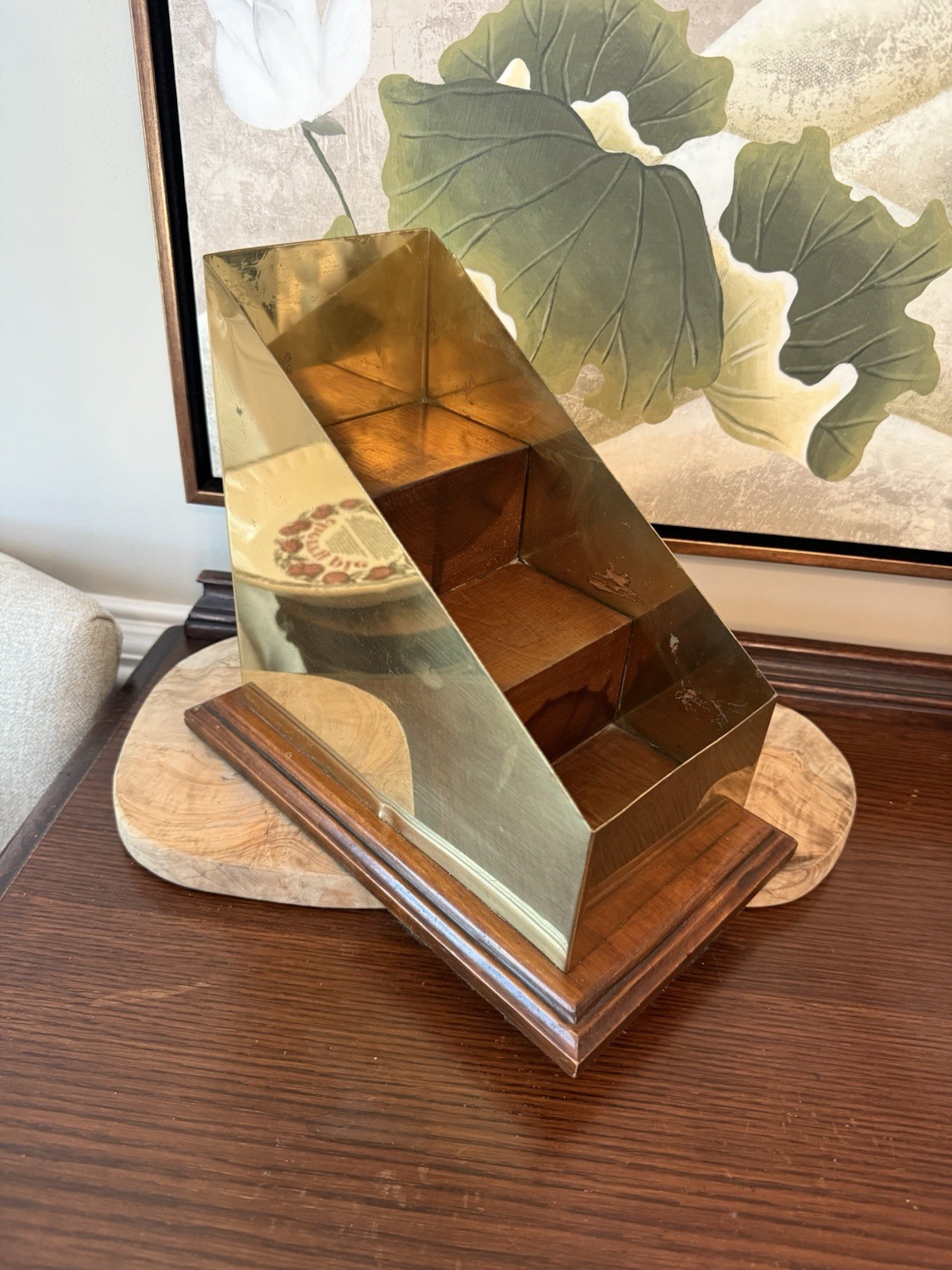 Vintage Brass & Wood Desk Organizer Display Mid-Century Office Decor Heavy