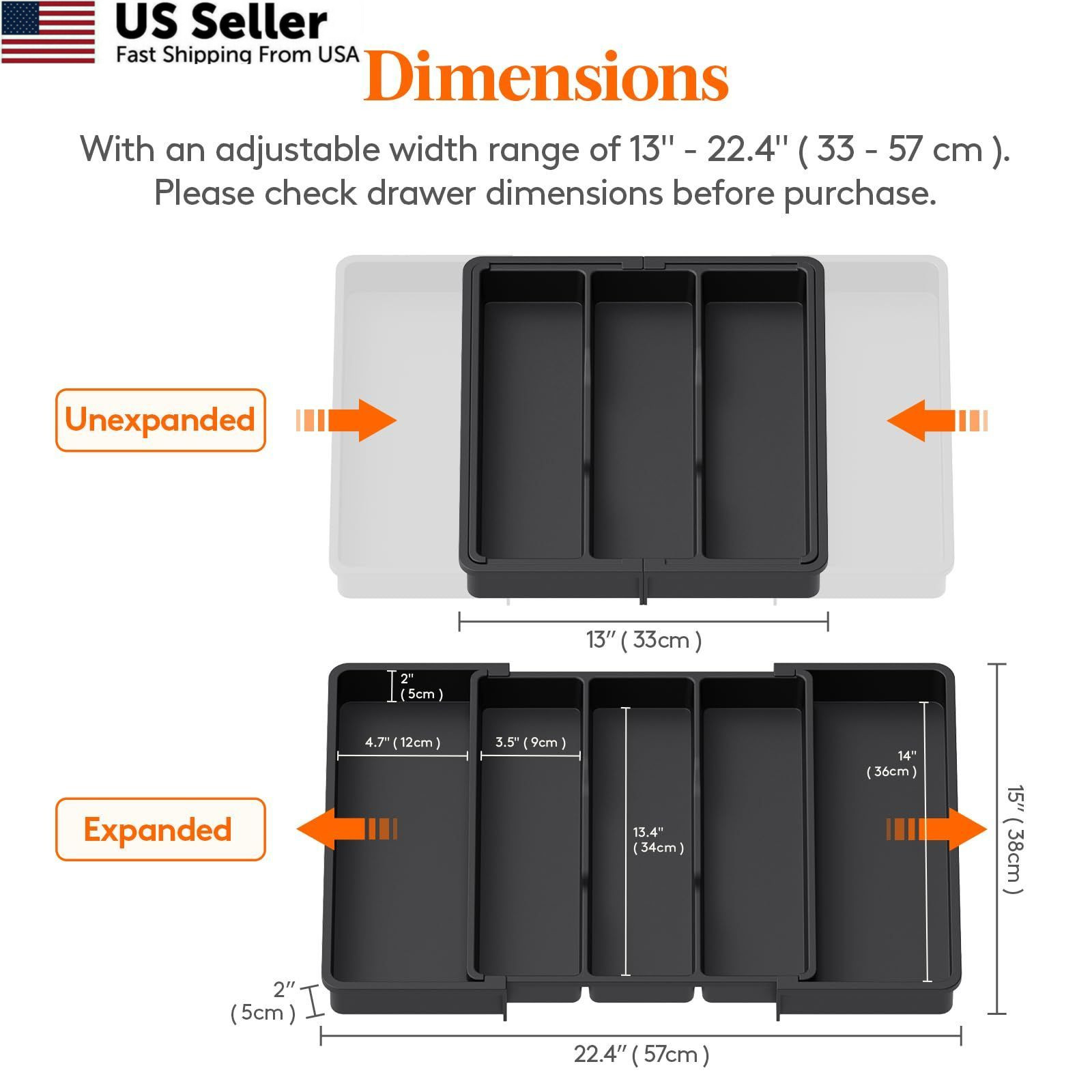 Lifewit Utensil Organizer for Kitchen Drawers, Large(13-22”W x 15″D), Black