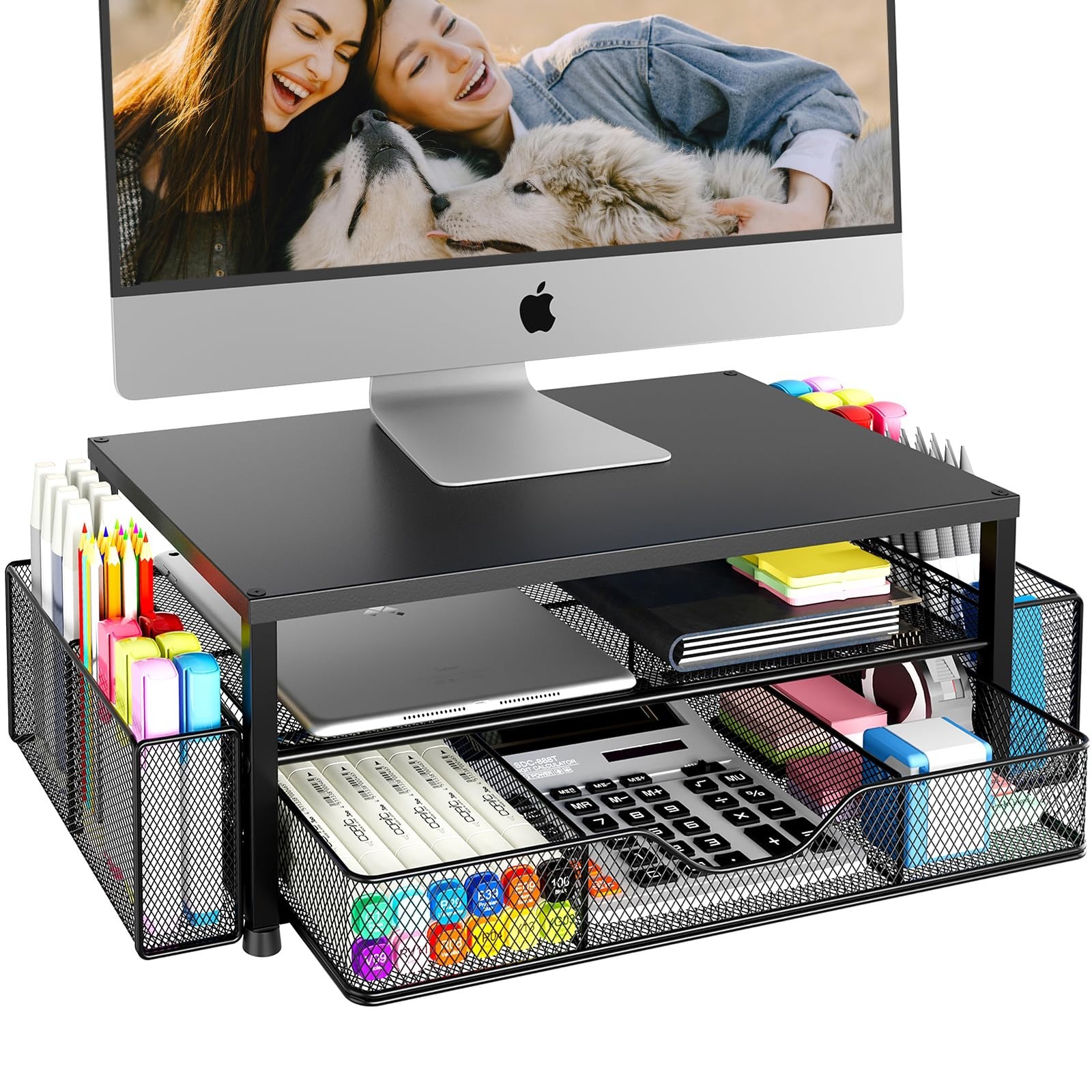 2-Tier Desk Organizer & Monitor Stand Riser with Drawer, Pen Holders, Office Sup