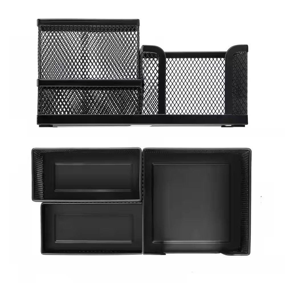 Black Metal Mesh Desk Organizer 3-Compartment Pen Pencil Holder Non-Slip Base Of