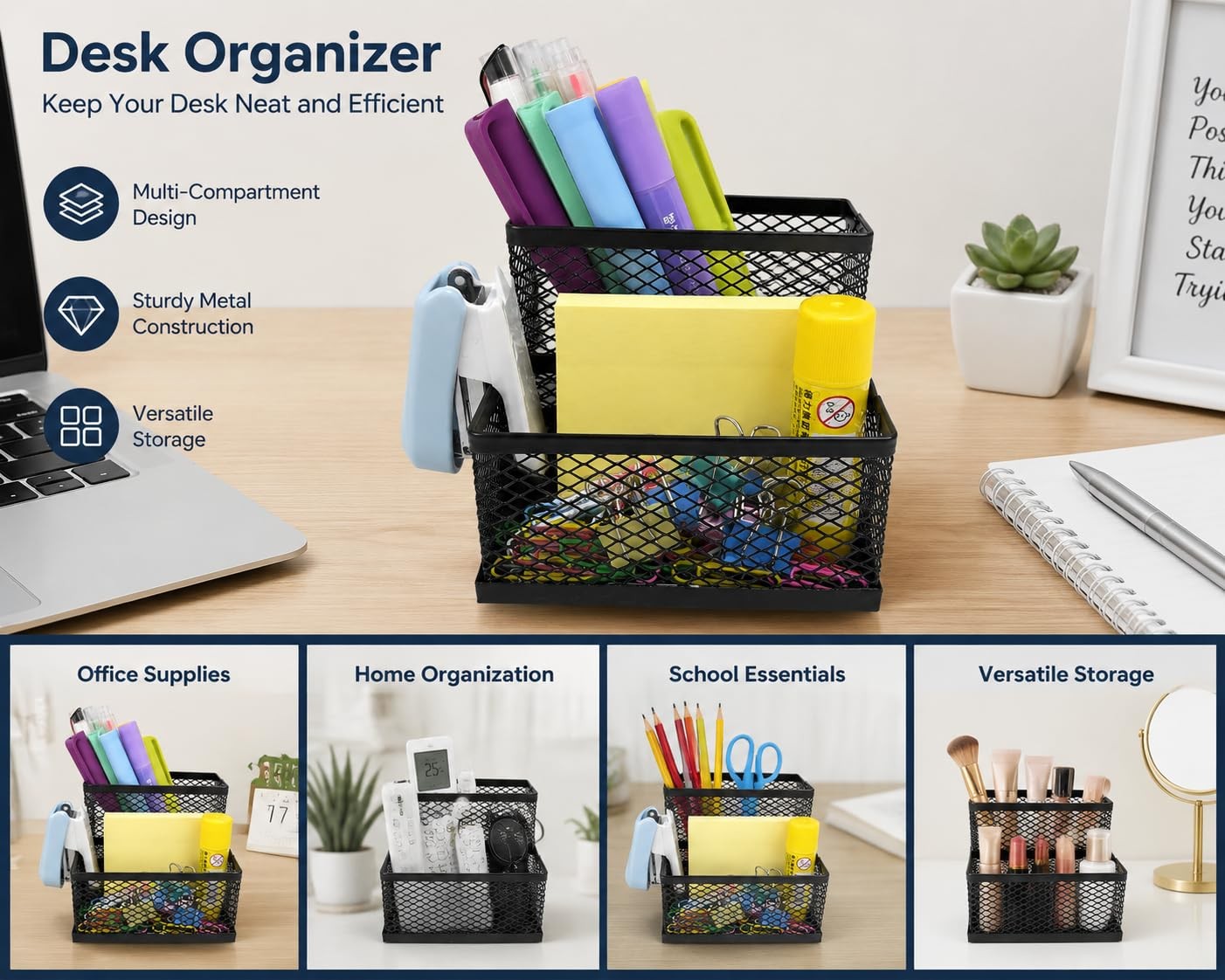 SHFKS Pen Holder for Desk Organizer,2Compartments Office Supply Black