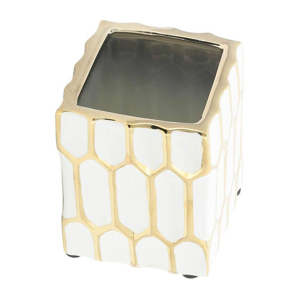 White Gold 3 In. X 4 In. Ceramic Square Pen Holder Desk Accessories with Dynasty