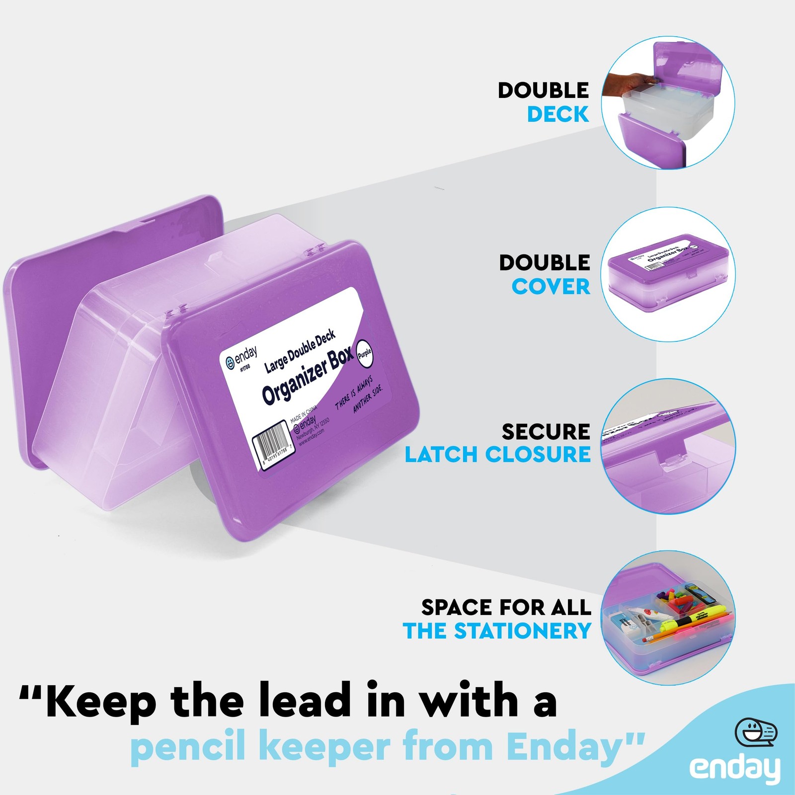 Large Capacity Double Deck Pencil Box – Purple Plastic With 12 Compartments, …