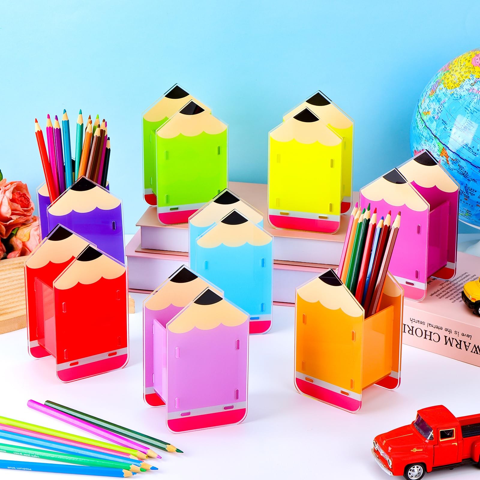 8 Pcs Pencil Shaped Holder Acrylic Pen Holders Colored Dispenser Storage Orga…