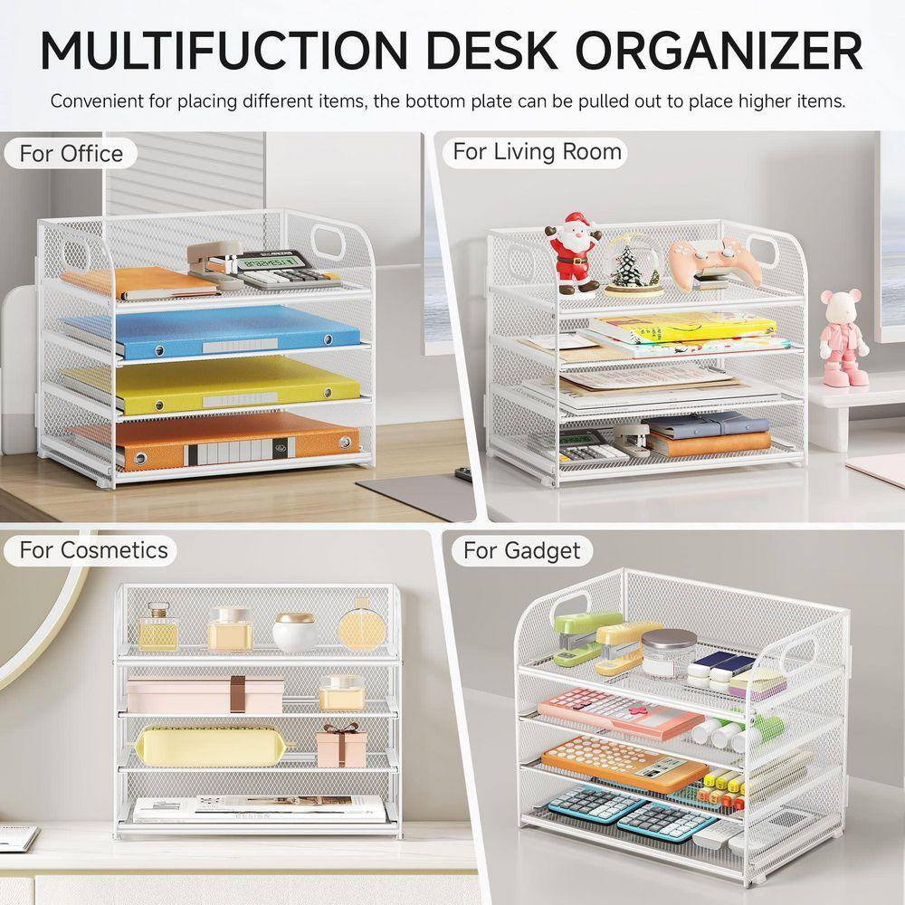 7.5 in X 12.8 in White Metal Organizer for Desk, 4-Tier Desk Organizer Tray, Mes