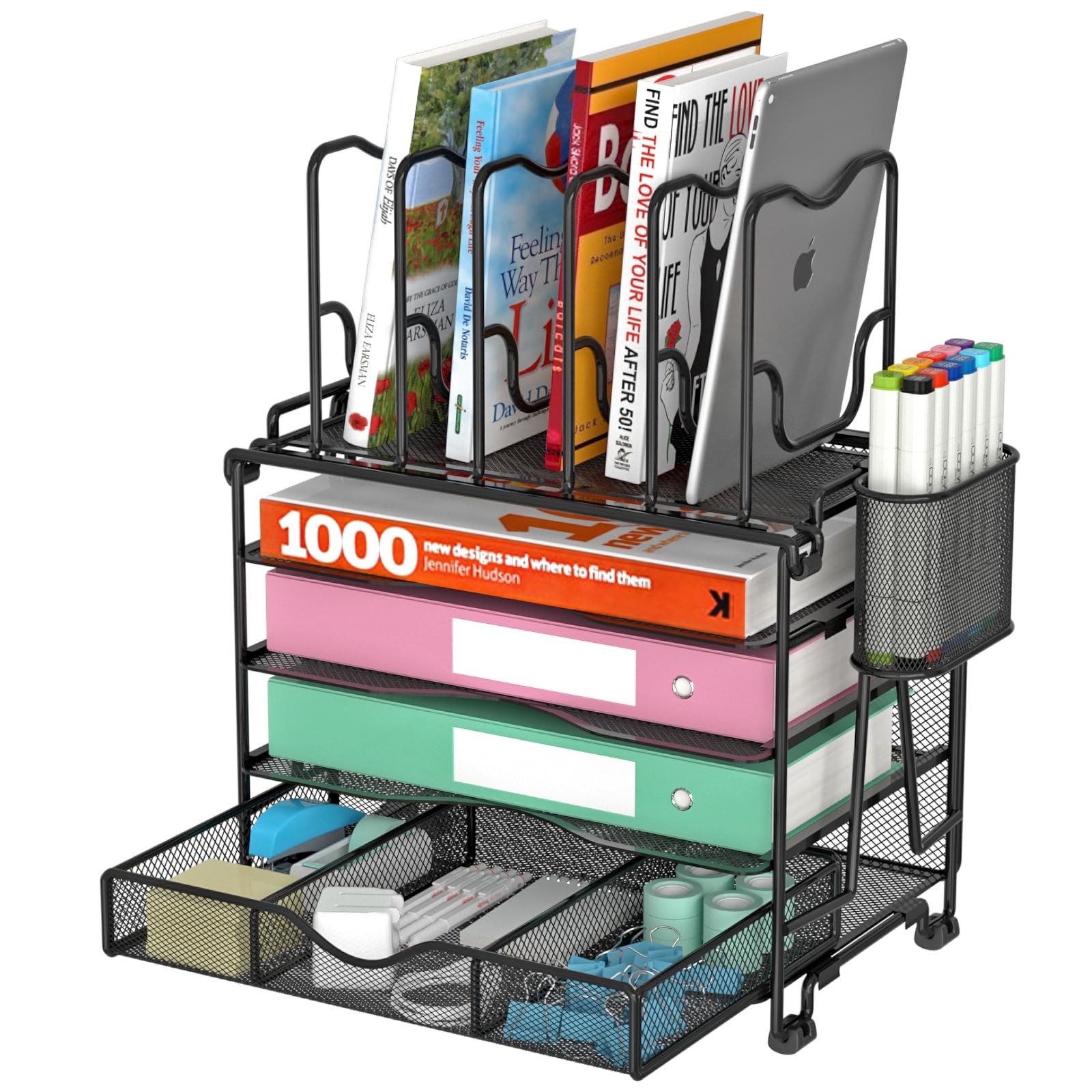Mesh Desk Organizer 3-IN-1 Desktop with 4 Tier Tray and 5 Upright Sections File